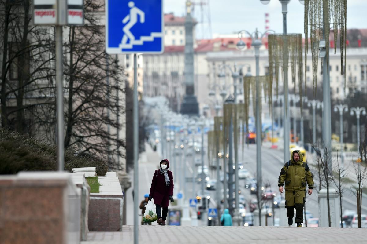 A nearly empty Oktyabrskaya Street in Minsk, Belarus amid coronavirus (Covid-19) pandemic precautions on April 05, 2020.