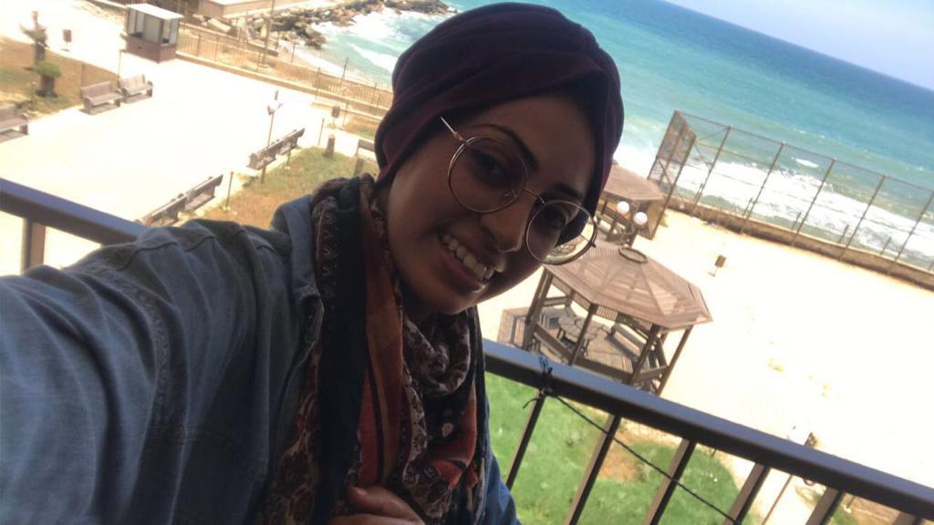 Abier Almasri, Human Rights Watch’s Gaza-based research assistant, from the balcony of her shared room at a Gaza City hotel that served as a makeshift quarantine center.