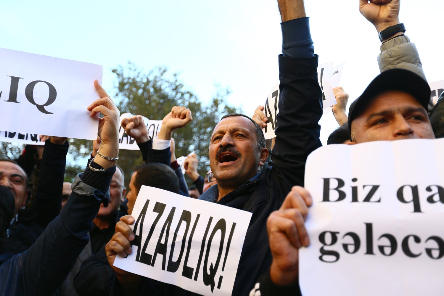 Tofig Yagublu holds a sign calling for freedom at an unsanctioned opposition protest, November 3, 2017. 