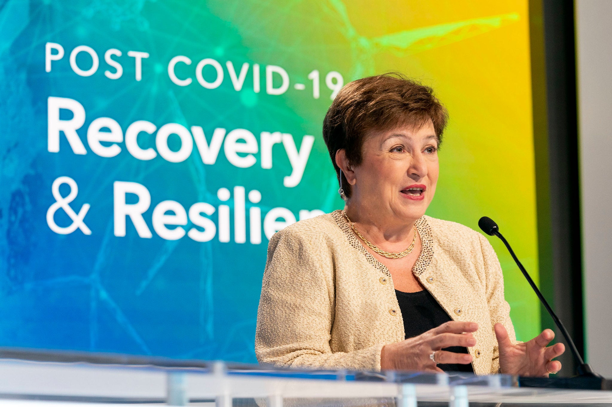 Managing Director Kristalina Georgieva participates in a panel discussion on post Covid-19 recovery and resilience during the 2020 Annual Meetings at the International Monetary Fund in Washington, DC, October 13, 2020.  