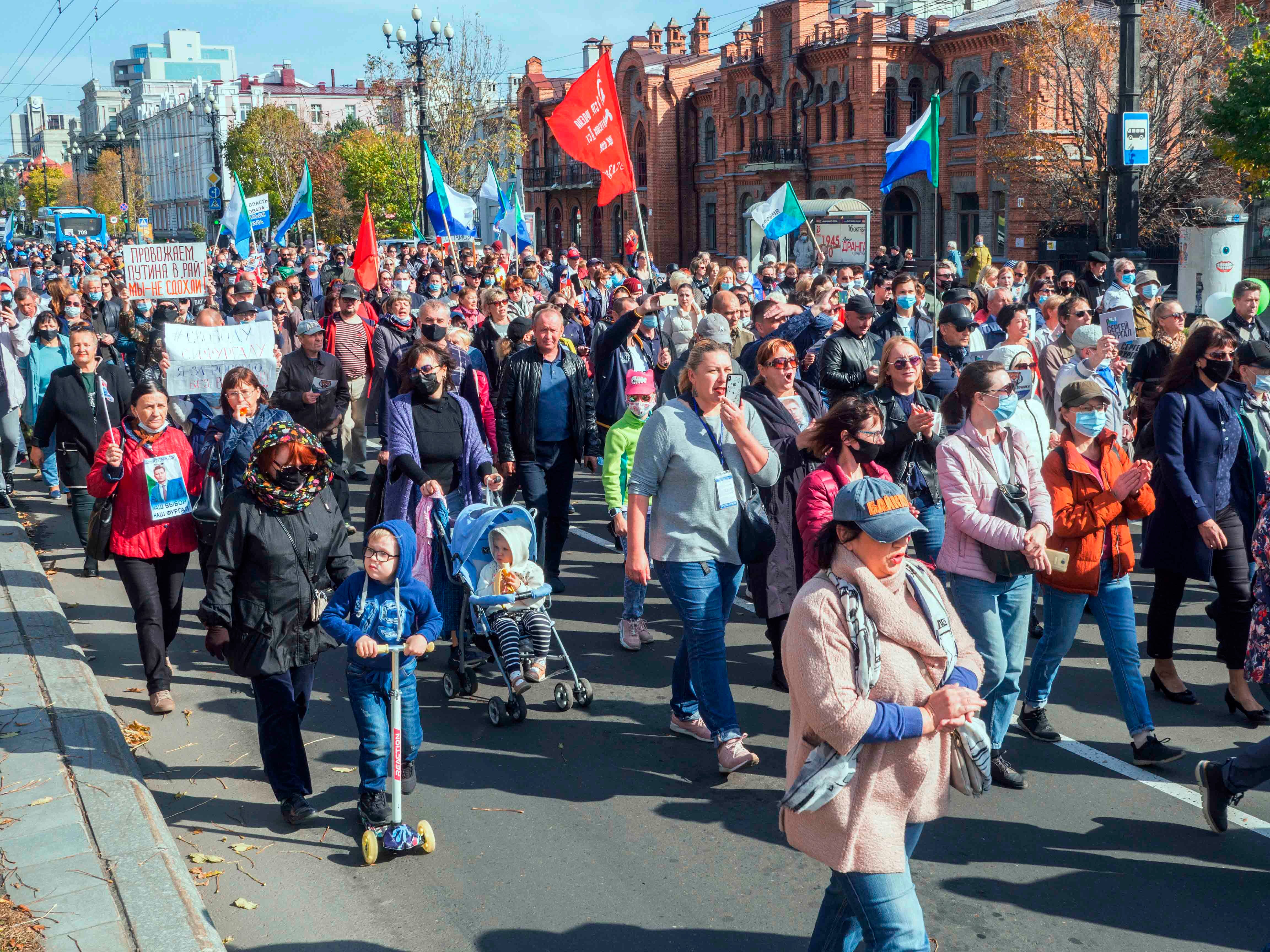 Participants in a rally in Khabarovsk, in Russia's Far East, Saturday, to support the former region's governor Sergei Furgal on Oct. 10, 2020. Police detained several dozen protesters in the first crackdown since such rallies started three months ago.