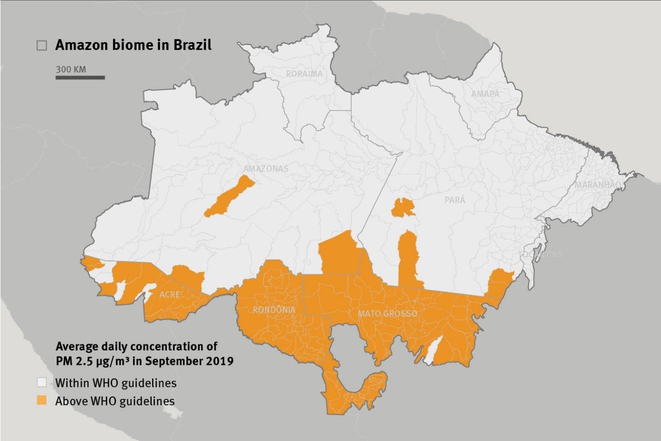 Amazon Biome were exposed to harmful pollution levels of fine particulate matter, known as PM 2.5, that exceeded the threshold recommended by the World Health Organization to protect health