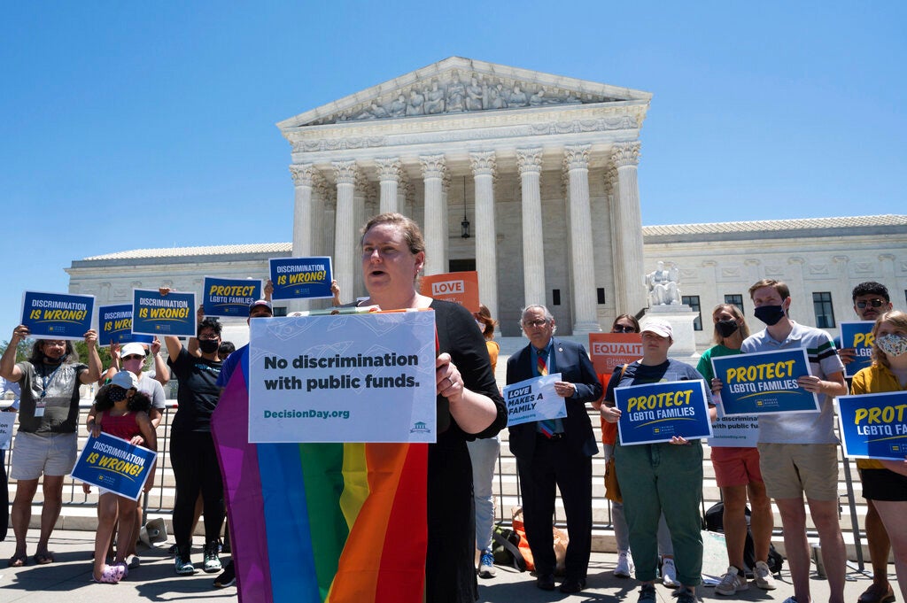 Human Rights Campaign Legal Director Sarah Warbelow speaks at a rally on the steps of the Supreme Court on Thursday, June 17, 2021 in Washington, D.C. following the Fulton decision.