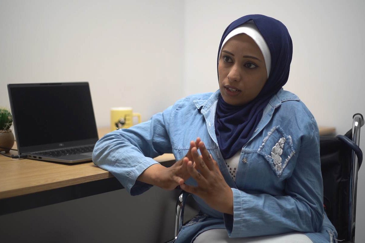 Abeer al-Harakli, a disability rights defender from Gaza, addressing the United Nations in a video message at the 14th session of the Conference of State Parties to the Convention on the Rights of Persons with Disabilities, United Nations, New York, June 17, 2021. 