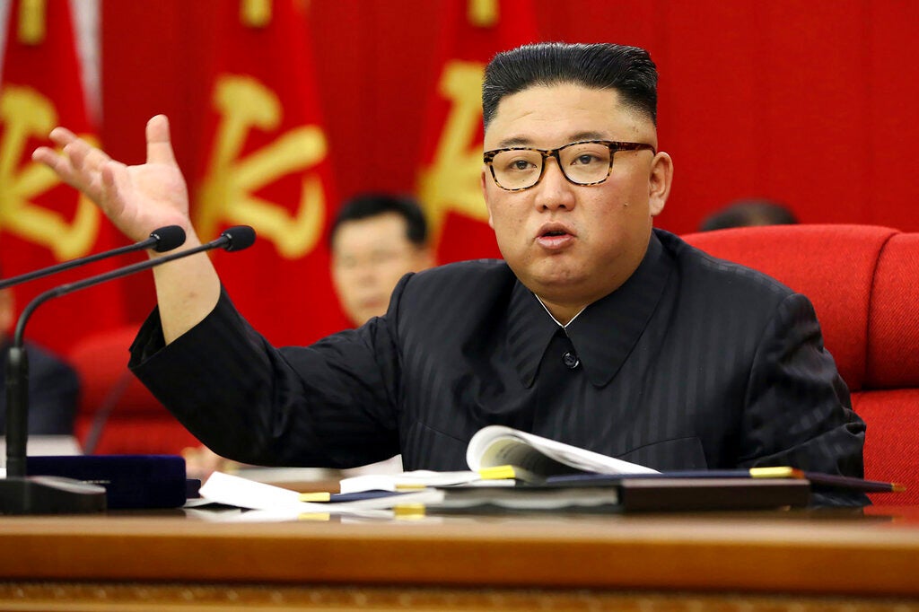 North Korean leader Kim Jong Un speaks during a Workers' Party meeting in Pyongyang, North Korea, Tuesday, June 15, 2021. 