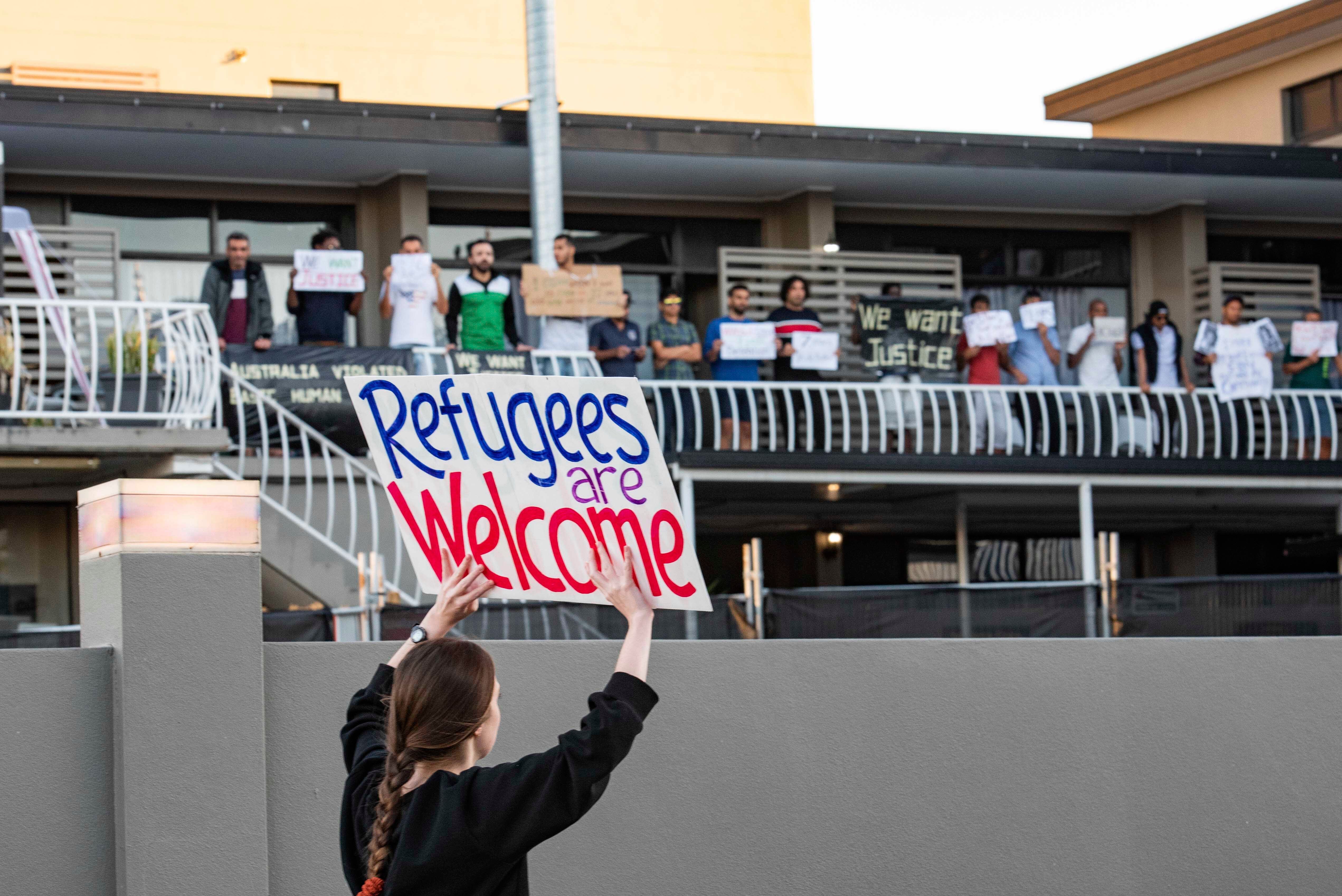 Asylum seekers and human rights activists protest against the detention of refugees amid the Covid-19 crisis in Brisbane.