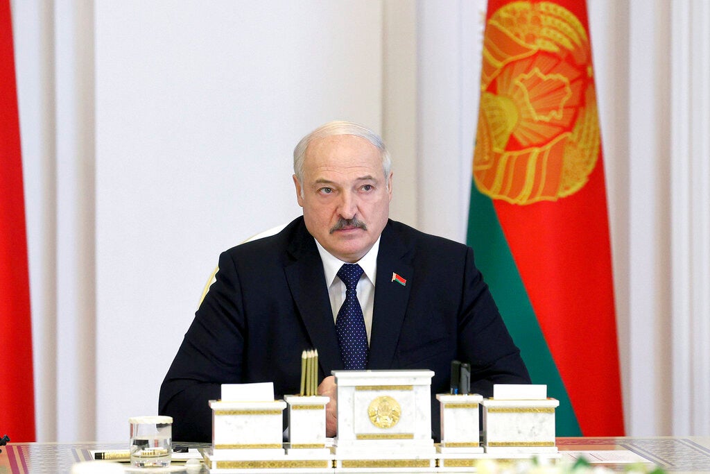 Belarus President Alexander Lukashenko speaks during a cabinet meeting in Minsk, Belarus, Friday, July 23, 2021, announcing a "purge" on civil society. 