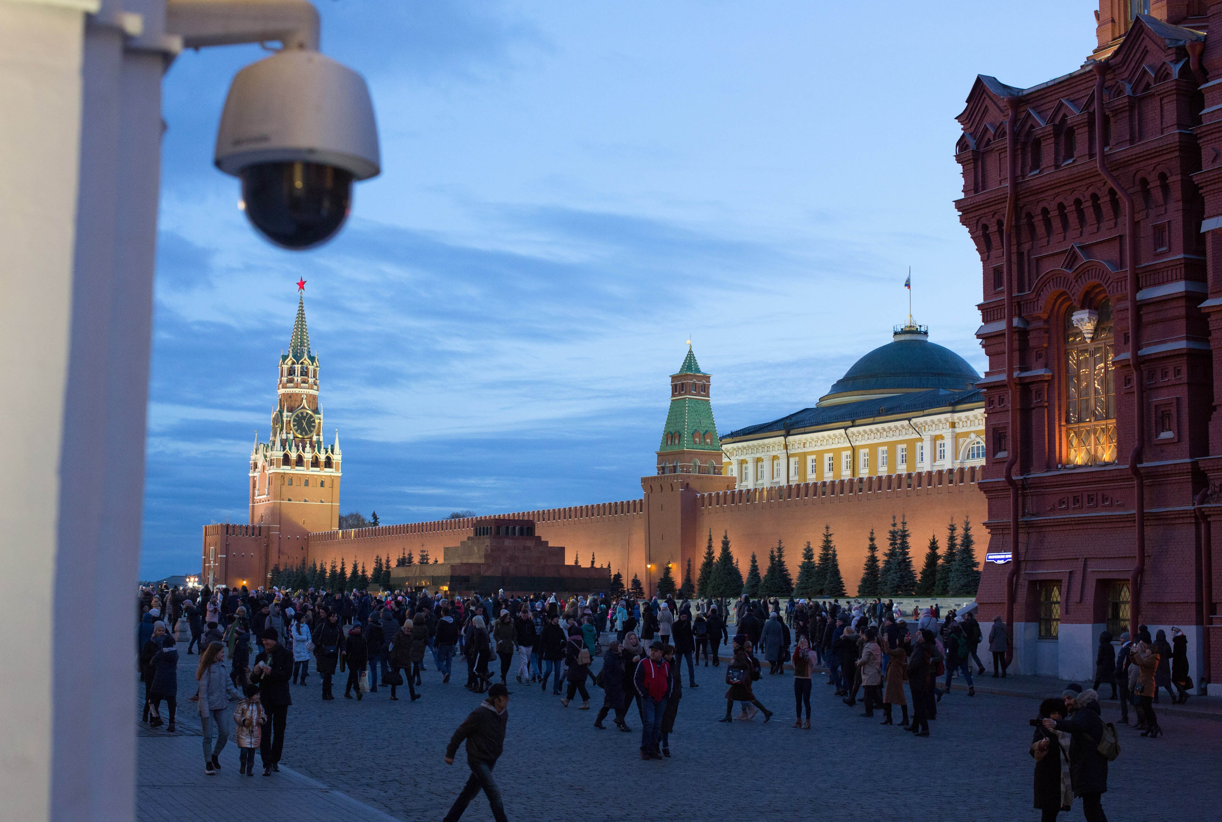 A surveillance camera operates in Red square near the Kremlin in Moscow.