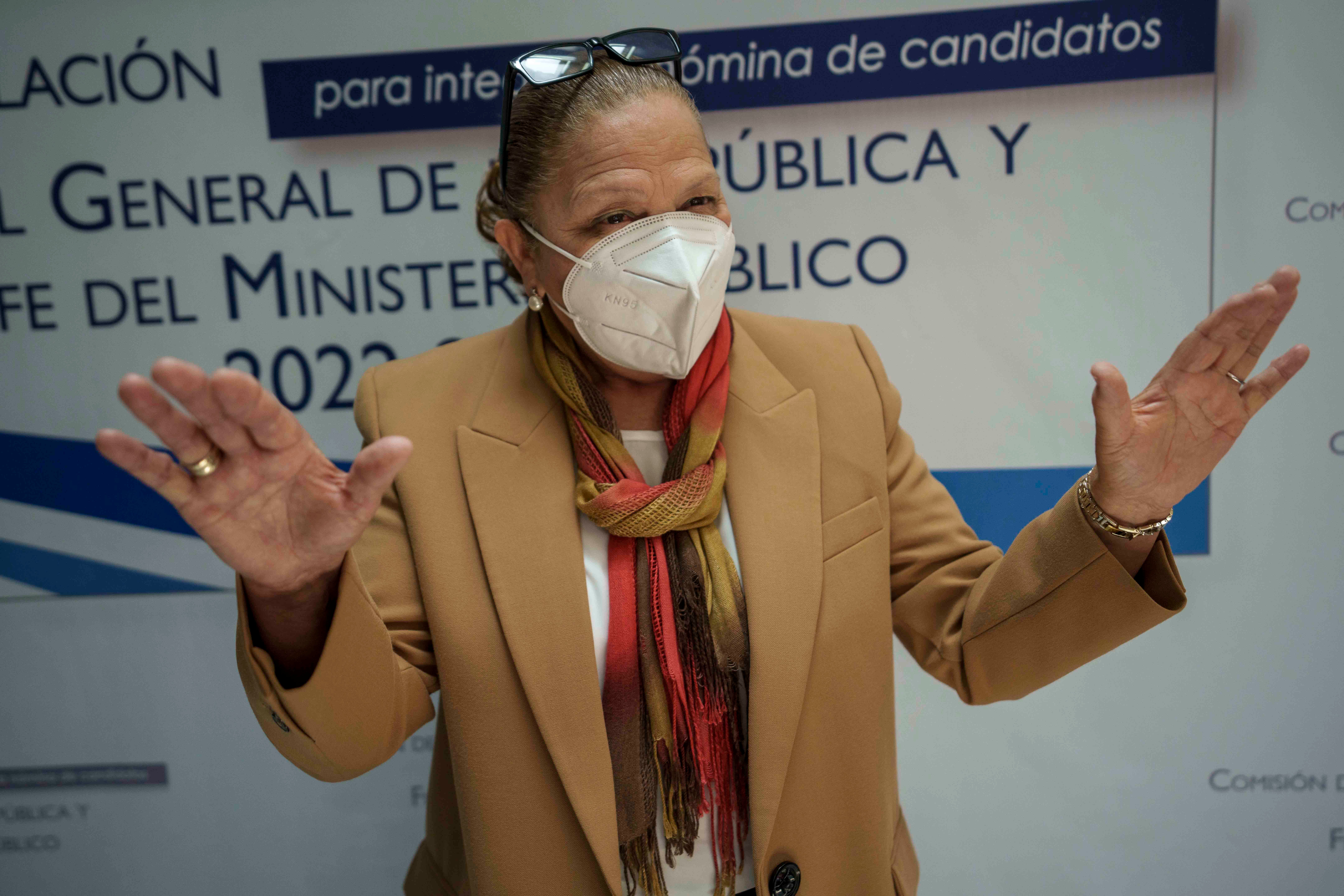 Guatemalan Attorney General Consuelo Porras, reappointed on May 16, 2022, speaks to the press after an interview with a nominating commission in Guatemala City.