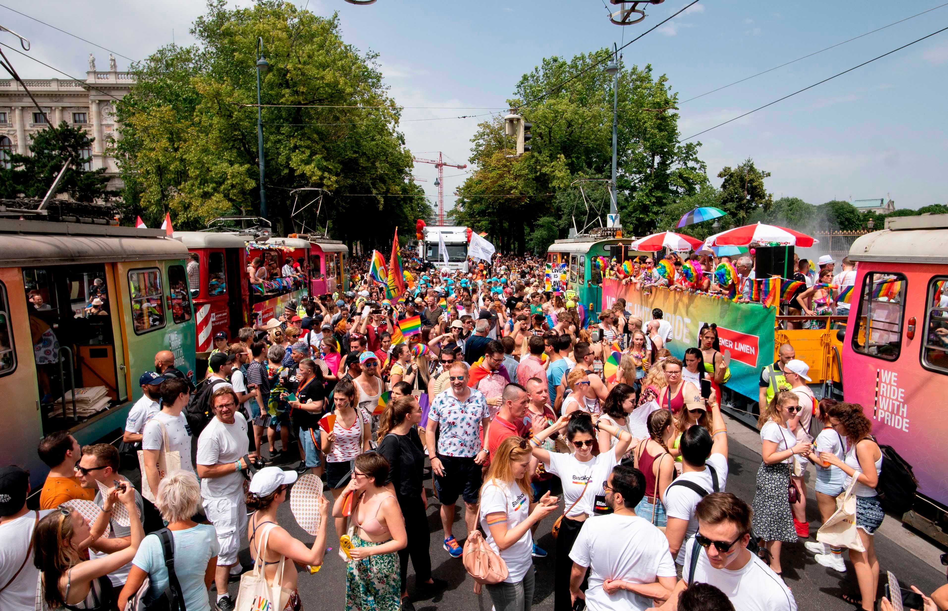 Participants attend the Euro Pride 2019 gay pride parade in Vienna, Austria on June 15, 2019. © JOE KLAMAR/AFP via Getty Images