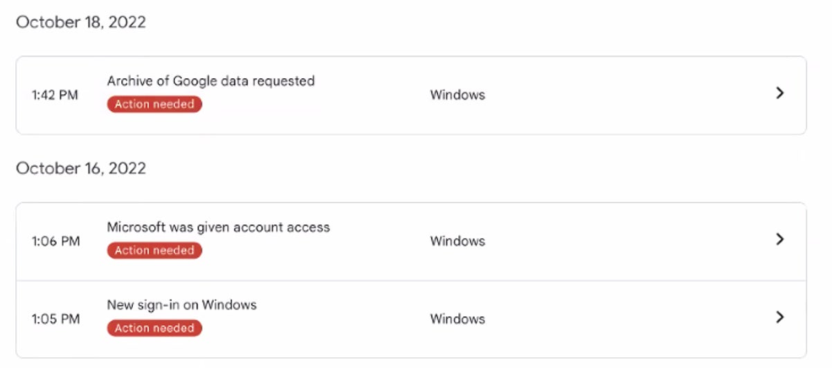 لقطة شاشة لنشاط غوغل لأحد أهداف حملة التصيد الاحتيالي، تعرض طلب بيانات غوغل من قبل المهاجمين. (أكتوبر/تشرين الأول 2022)