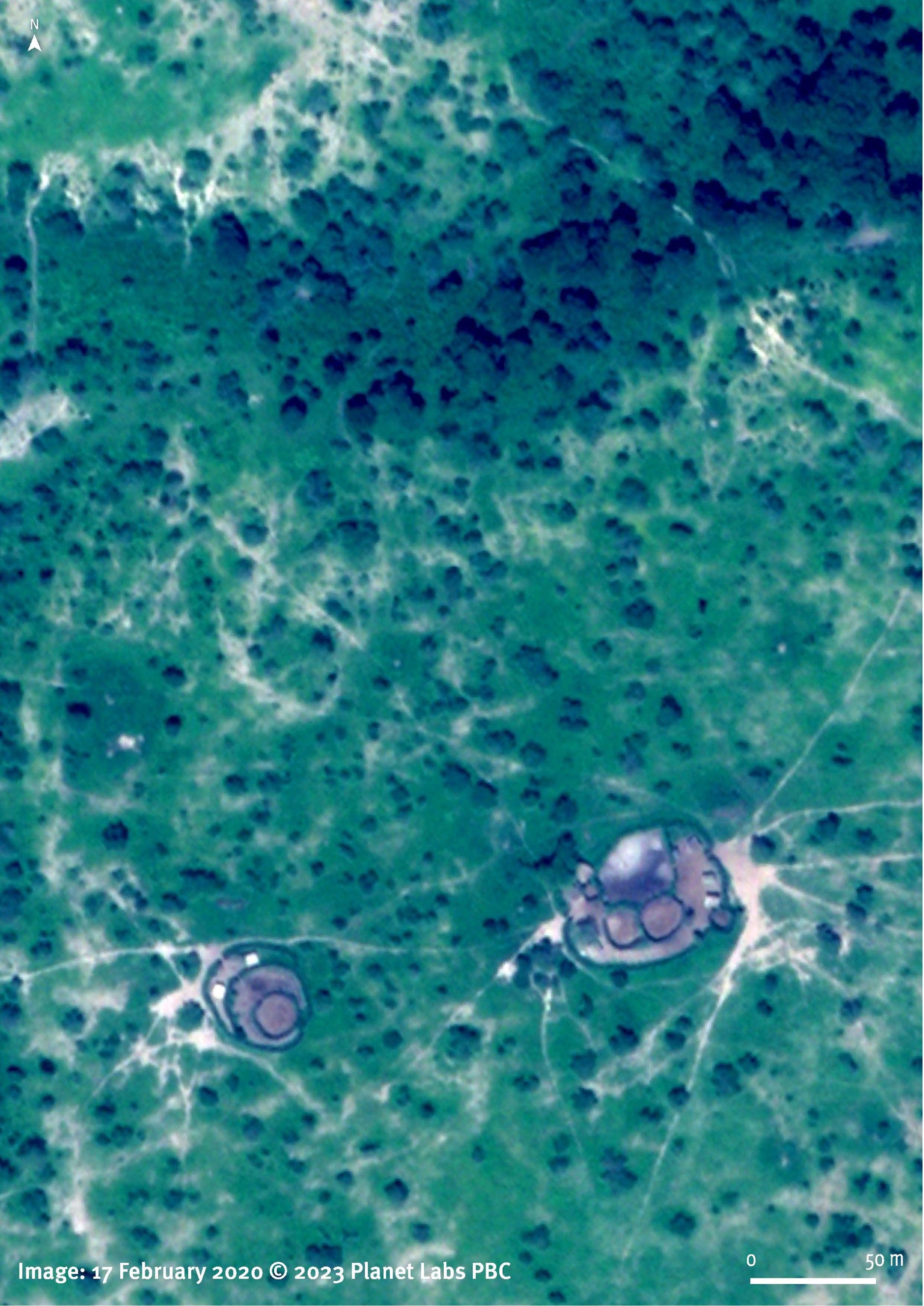 Before: Satellite imagery comparison between February 17, 2020 and March 12, 2023 shows the new physical demarcation in Arash ward, Arusha region, Tanzania. Homesteads and animal enclosures located close to the line are destroyed and show signs of burning. 