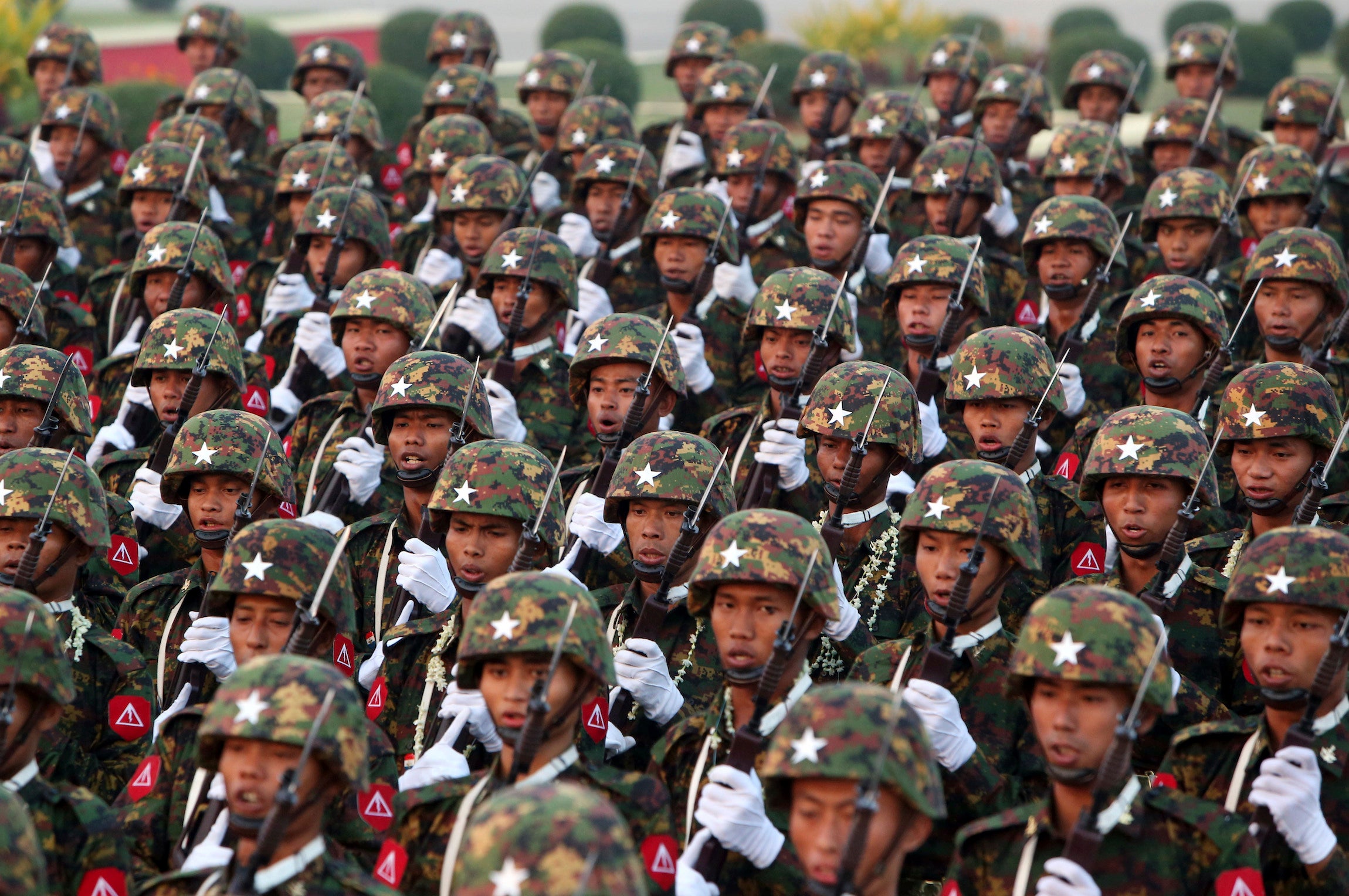 Myanmar soldiers march during a parade to mark the 74th Armed Forces Day in Naypyitaw, Myanmar.