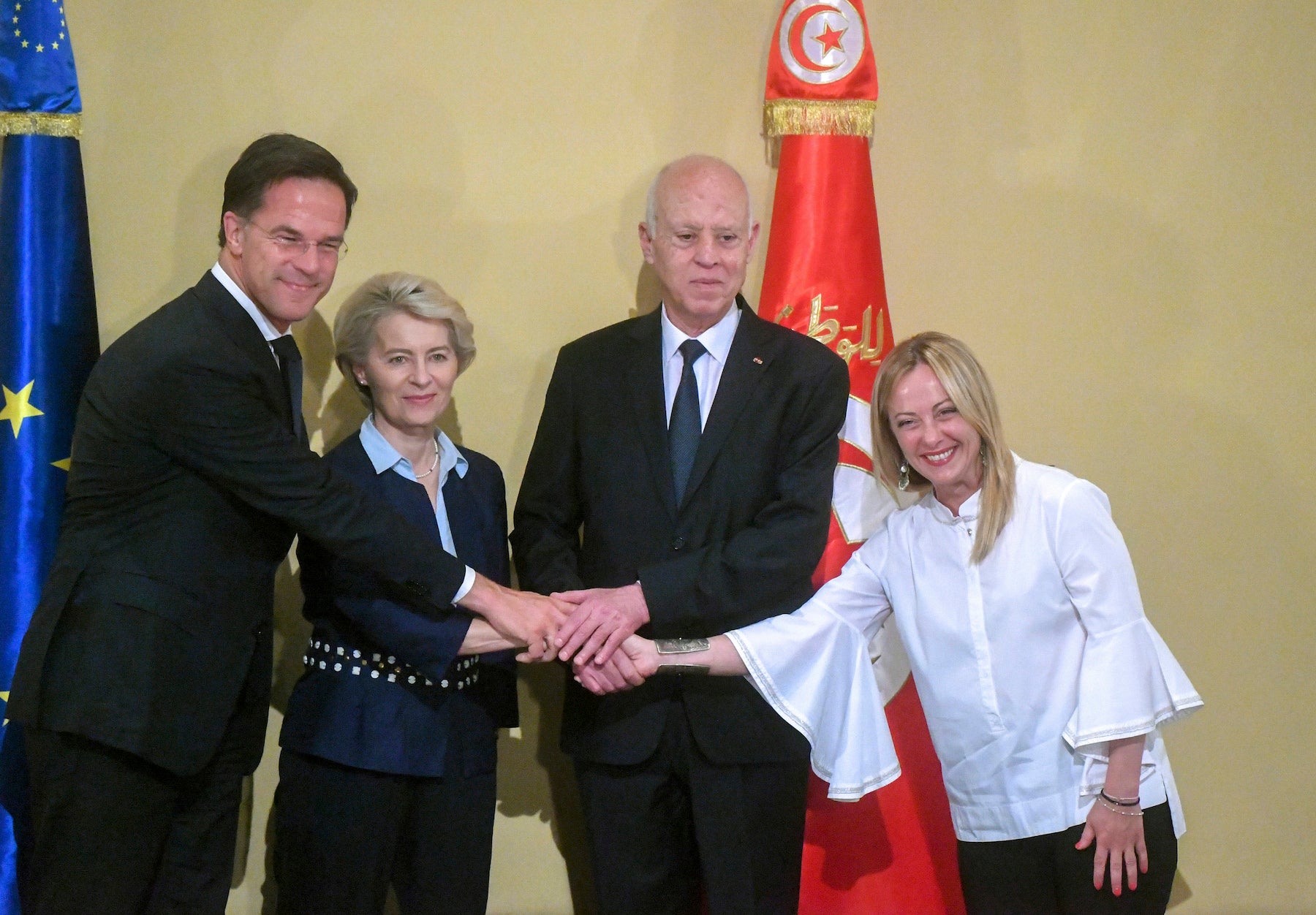 Netherlands' Prime Minister Mark Rutte, left, European Commission President Ursula von der Leyen, Tunisian President Kais Saied, centre, right and Italian Prime Minister Giorgia Meloni, right, at the presidential palace in Carthage, Tunisia, July 16, 2023. 