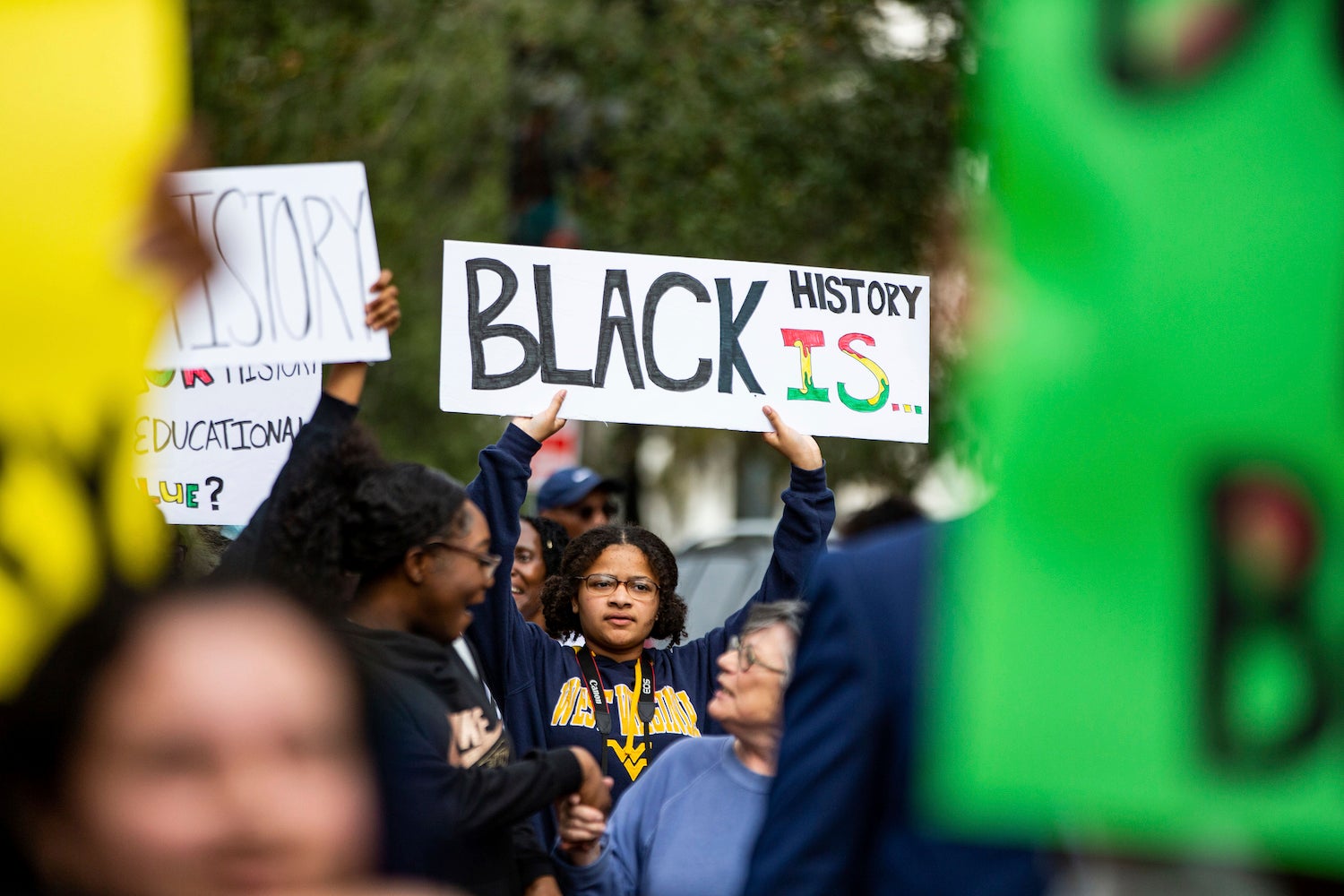 People participate in the National Action Network demonstration in response to Florida Governor Ron DeSantis's rejection of a high school African American history course, Tallahassee, Florida, February 15, 2023.  