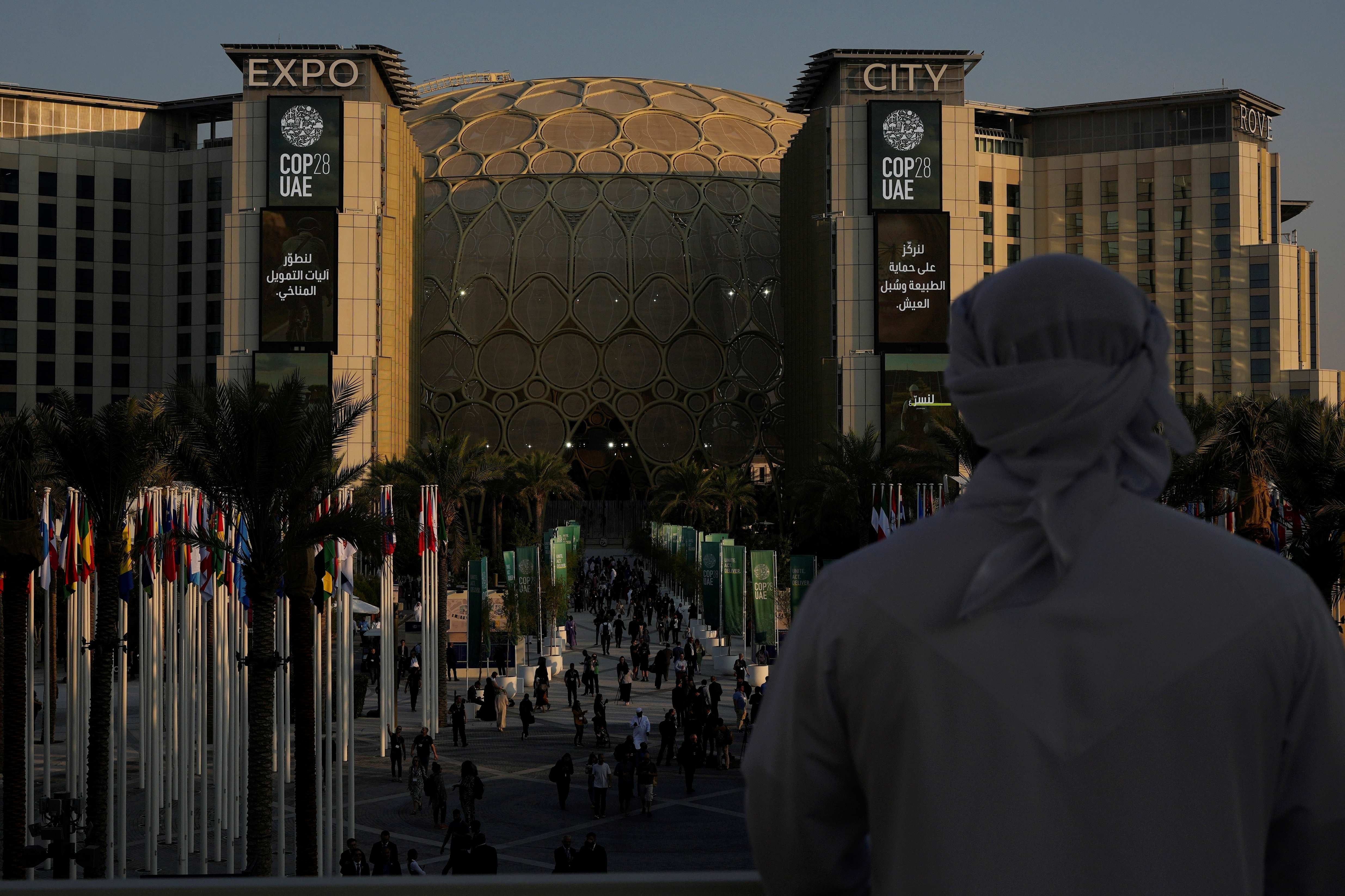 The Al Wasl Dome at Expo City during the COP28 UN Climate Summit, December 2, 2023, in Dubai, United Arab Emirates.