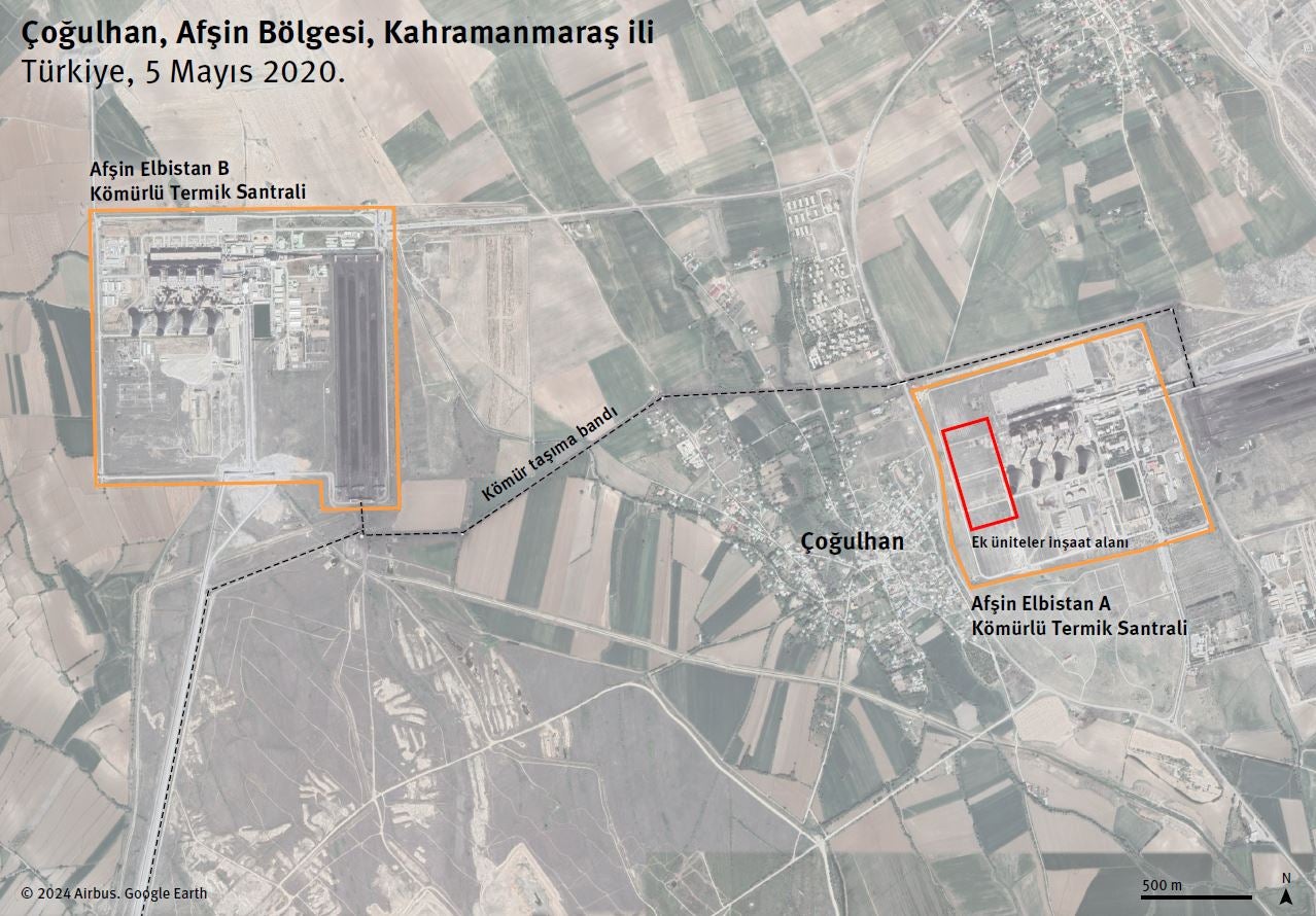 Afşin-Elbistan'daki iki kömür santrali arasında yer alan Çoğulhan köyünün haritası. 