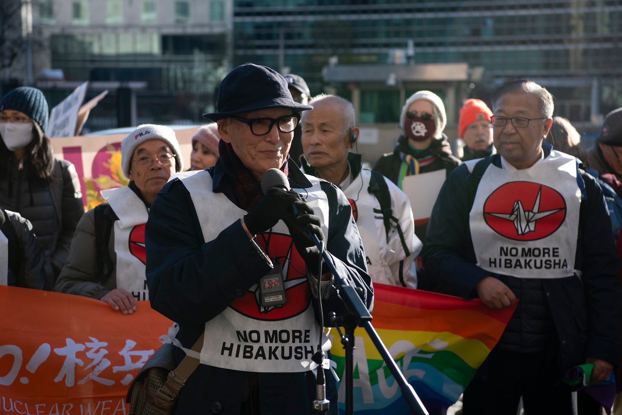 Atomic bomb survivors from Japan rally opposite the United Nations in New York during a meeting of the Treaty on the Prohibition of Nuclear Weapons, November 2023.