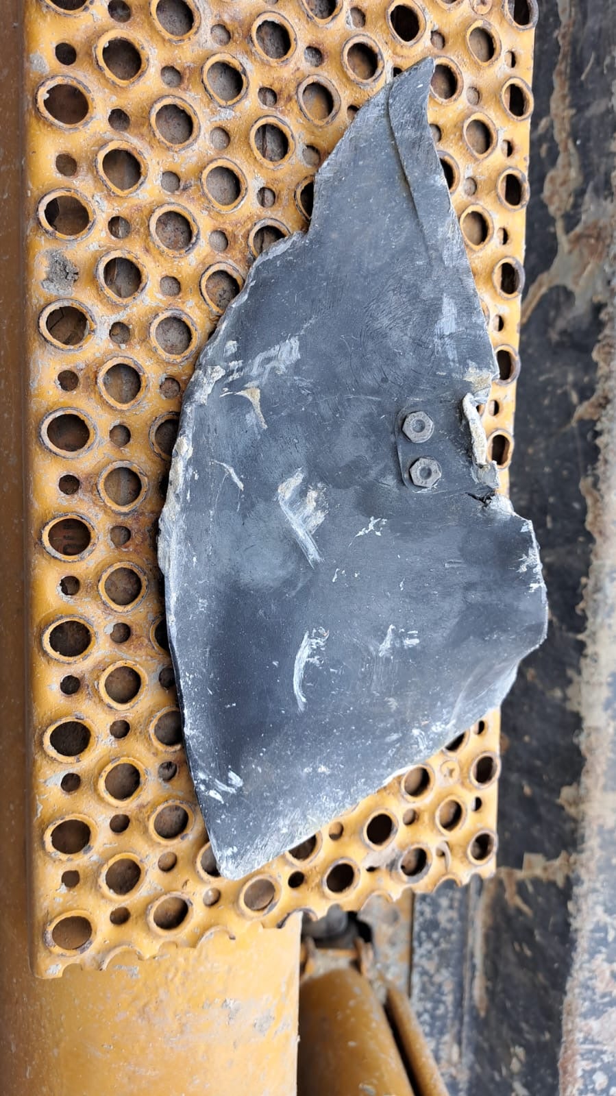 A remnant from the site of the October 25, 2024 attack on Hasbaya Village Resort in southern Lebanon collected by the resort’s owner, Anoir Ghaida. The remnant is consistent with the tailfin of a US-made Joint Directed Attack Munition Guidance (JDAM) kit.