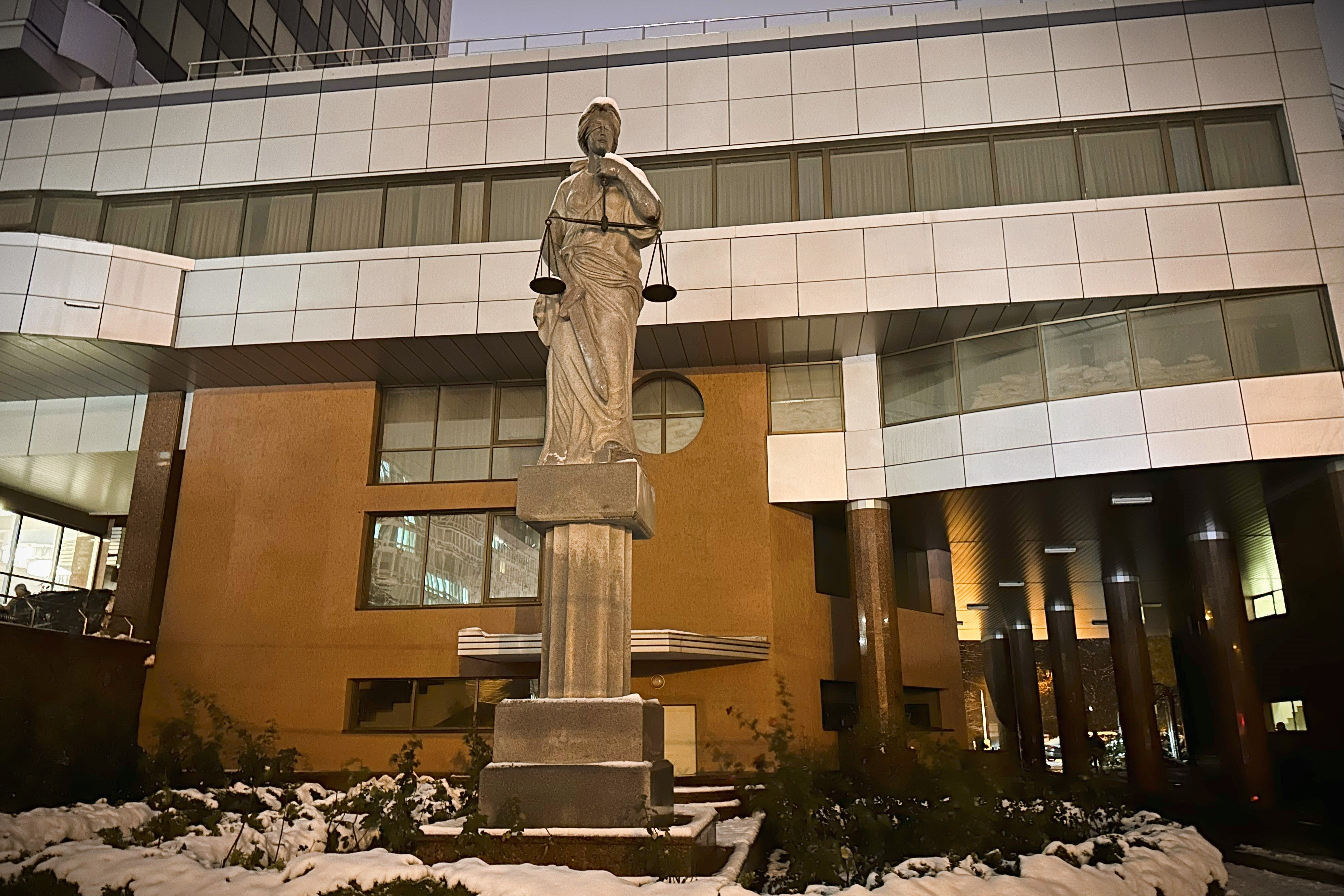 A statue of Themis, the Greek goddess of justice, near Kyiv's Court of Appeal.