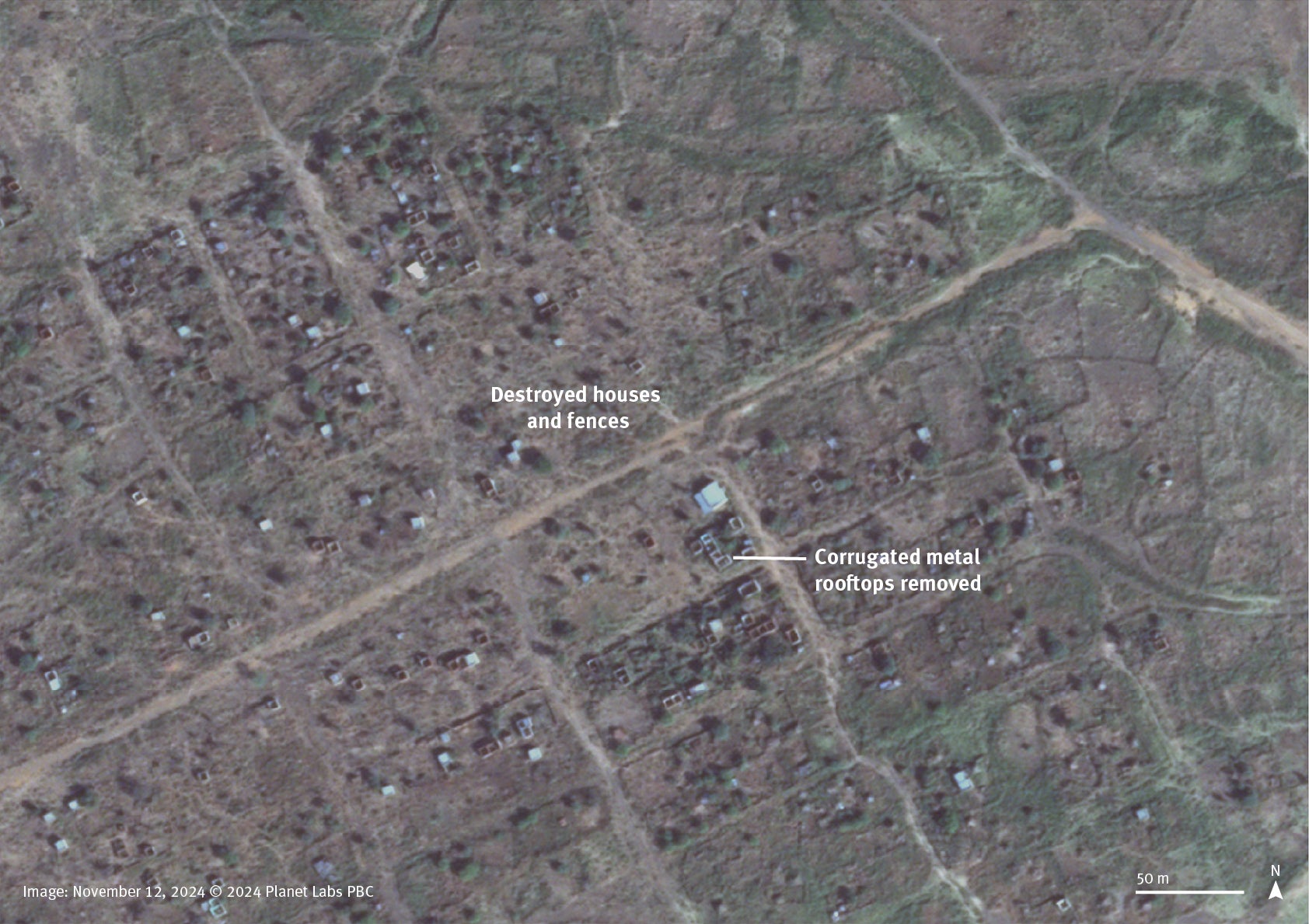 Satellite imagery comparison between September 8, 2023, and November 12, 2024, shows destroyed houses and fences in a residential area in the town of Habila, South Kordofan, Sudan. Most of the corrugated metal rooftops on the buildings were missing in the later 2024 photo. Burn marks appeared over this area in February 2024. 