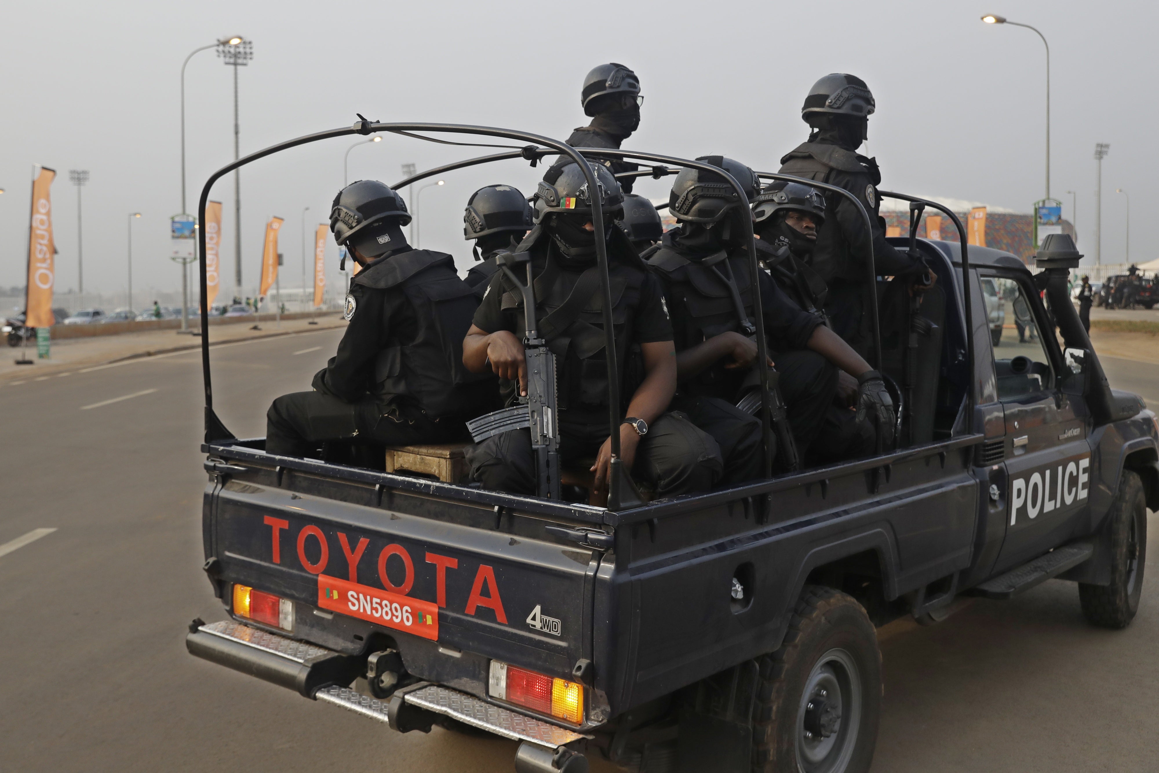 Cameroonian police officers near the Olembe stadium in Yaoundé, Cameroon, February 3, 2022.