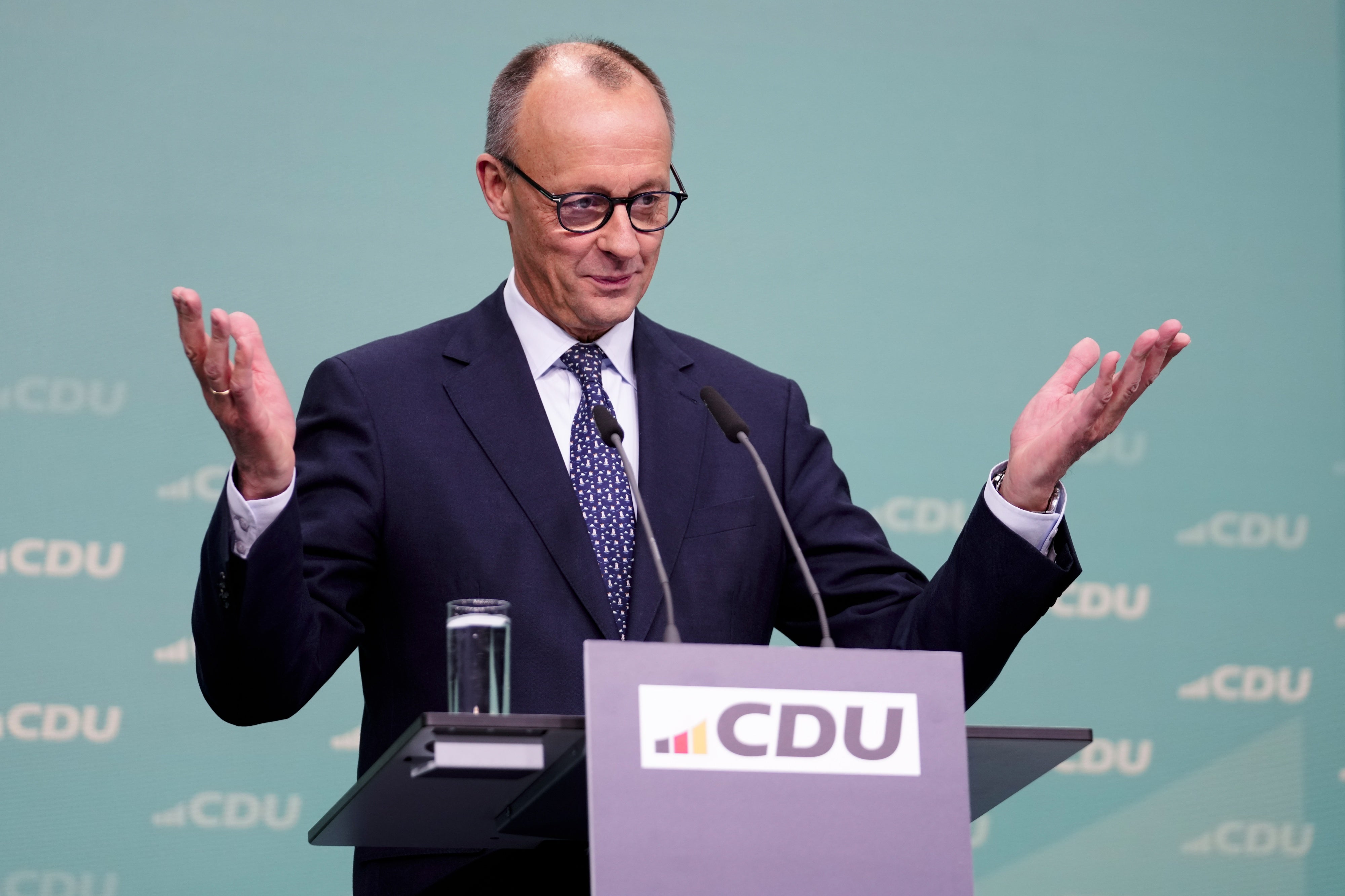 Friedrich Merz, leader of the Christian Democratic Union (CDU), speaks during a news conference at the headquarters of the CDU party in Berlin, Germany, February 24, 2025. 