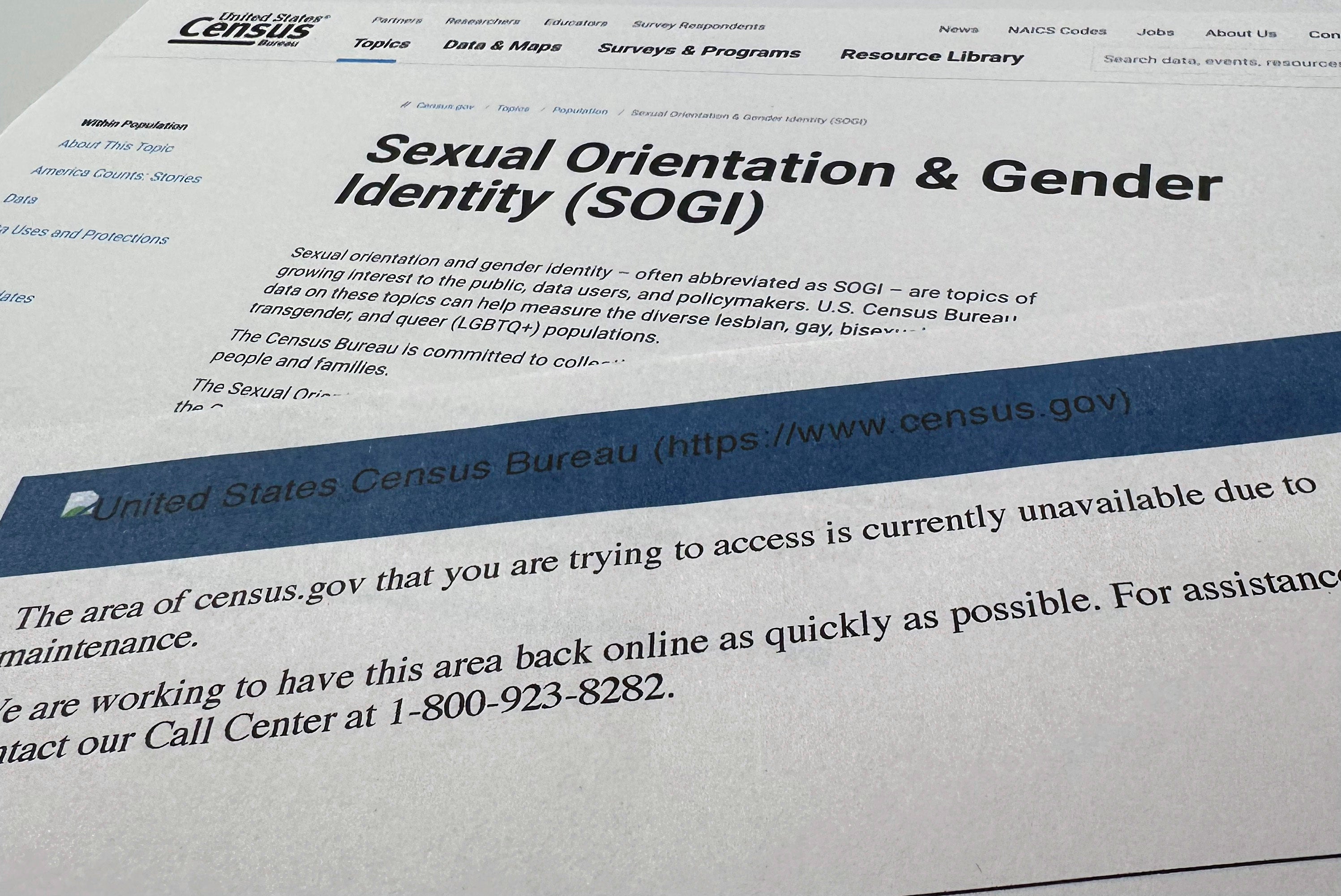 A page, top, from the US government Census.gov website that displayed on January 24, 2025 about sexual orientation and gender identity, and the error page, bottom, showing the page was not available on January 31, 2025. 