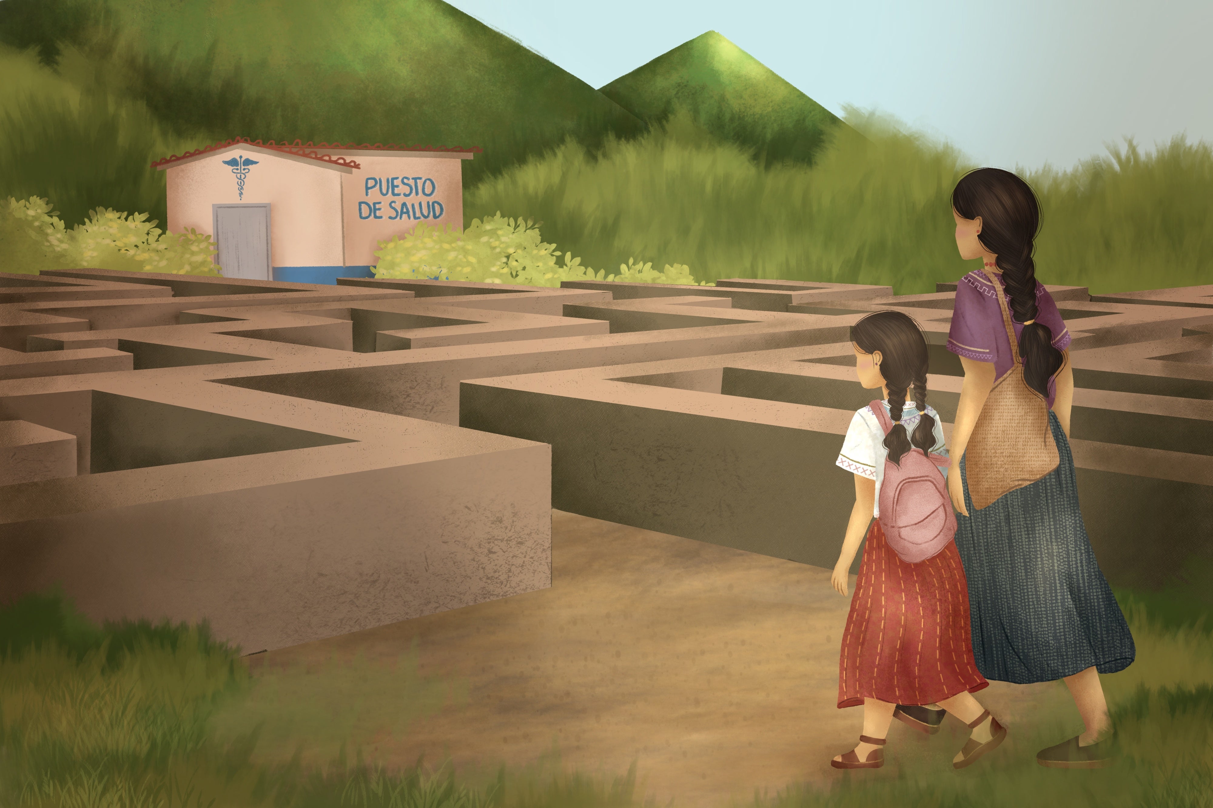 Illustration of a mother and girl navigating a maze to reach a clinic
