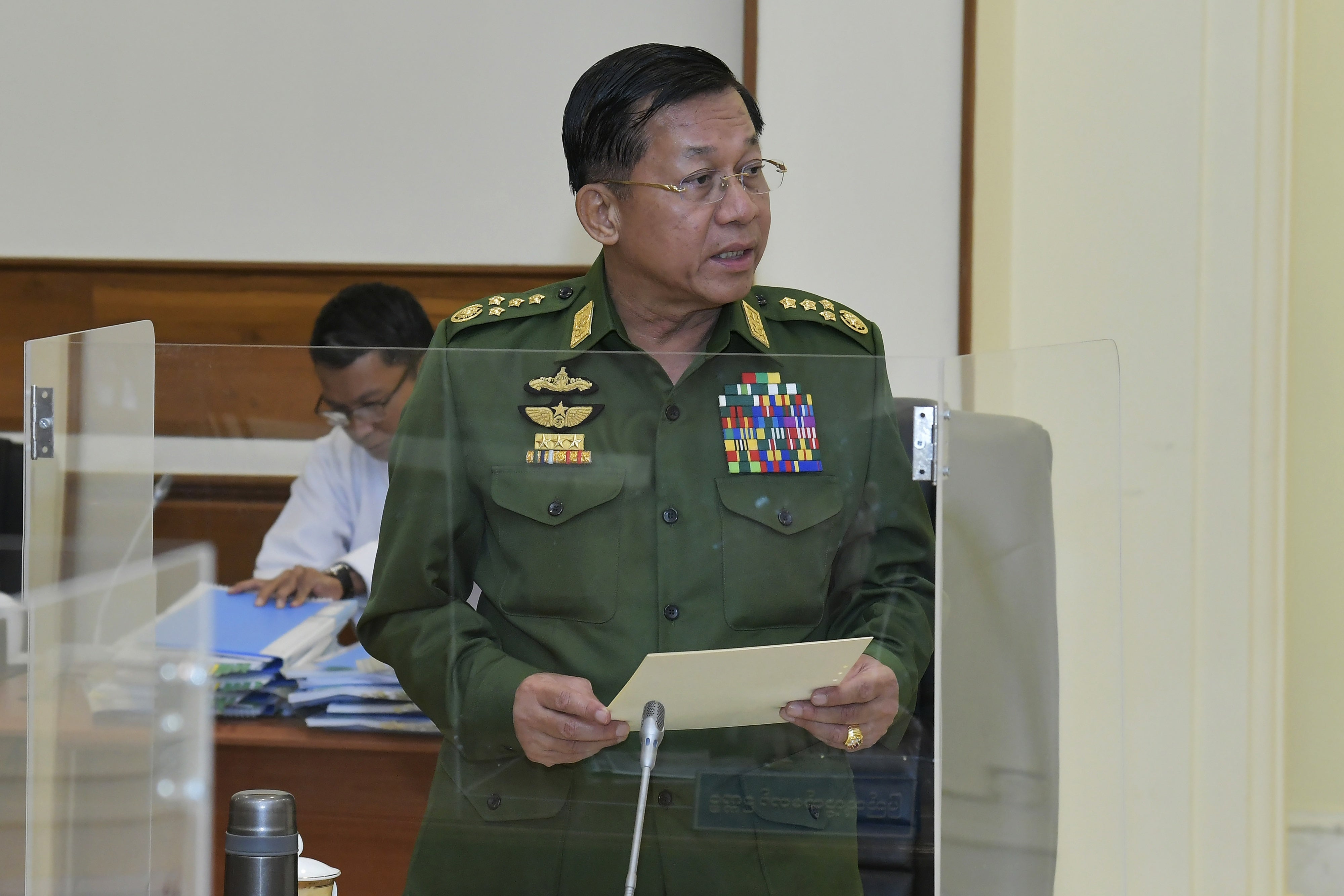 Sr. Gen. Min Aung Hlaing during the National Defense and Security Council meeting in Naypyidaw, Myanmar, January 31, 2023.