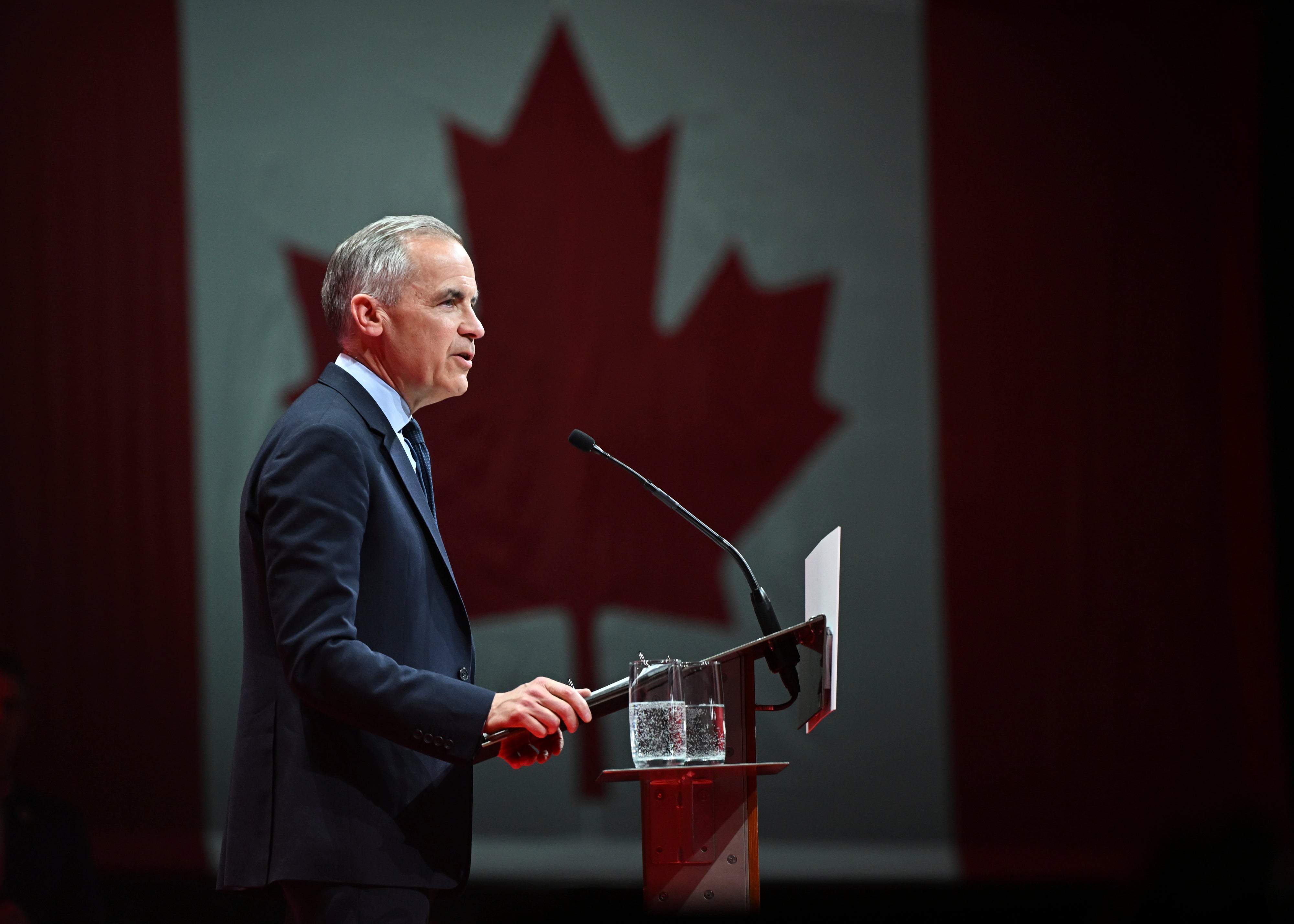 Canadian Prime Minister Mark Carney delivers his victory speech in the Canadian Federal Election in Ottawa, Ontario, Canada, April 28, 2025. 