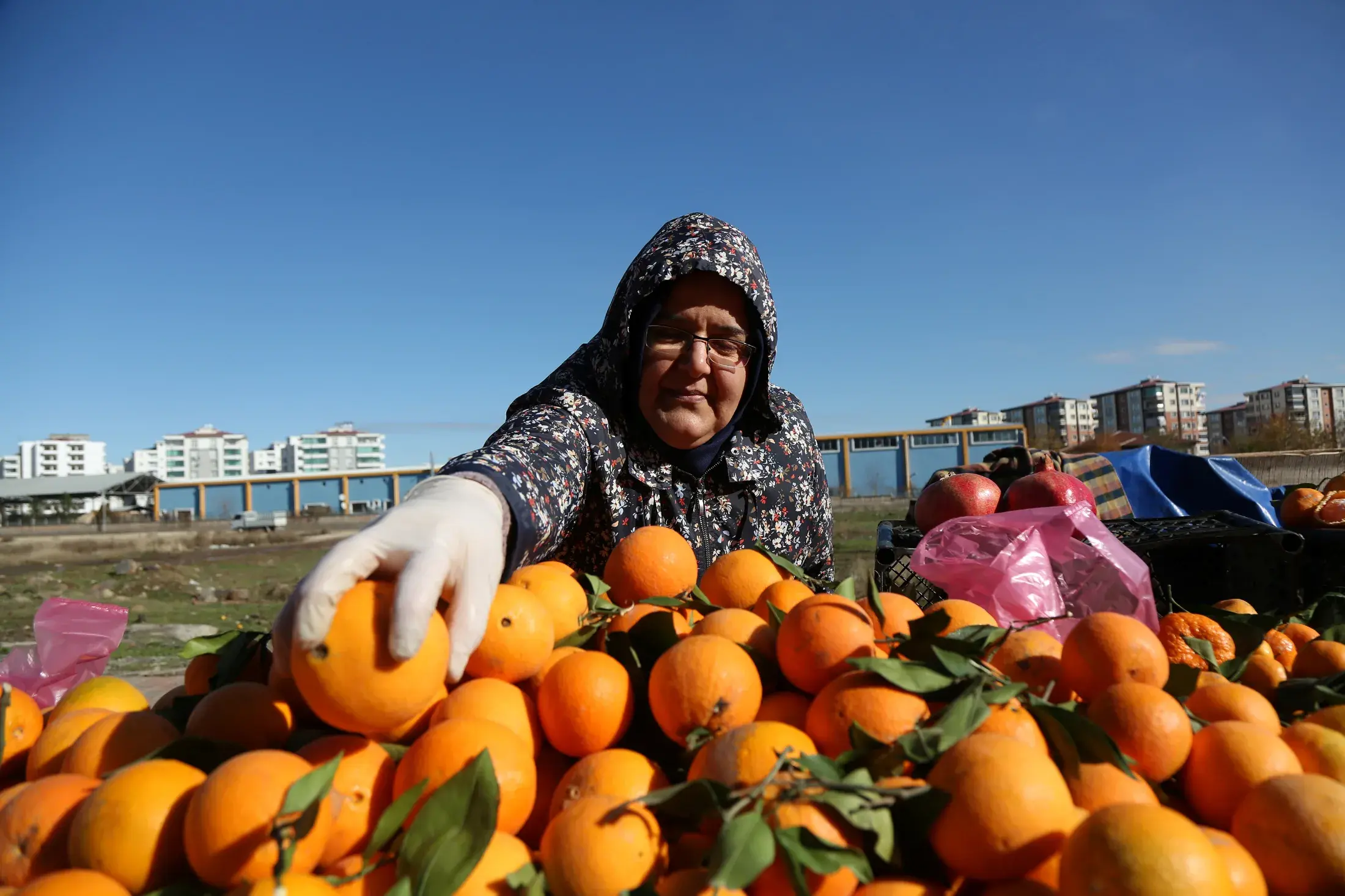 Street vendor arranges oranges at her stall in a women-led street market.