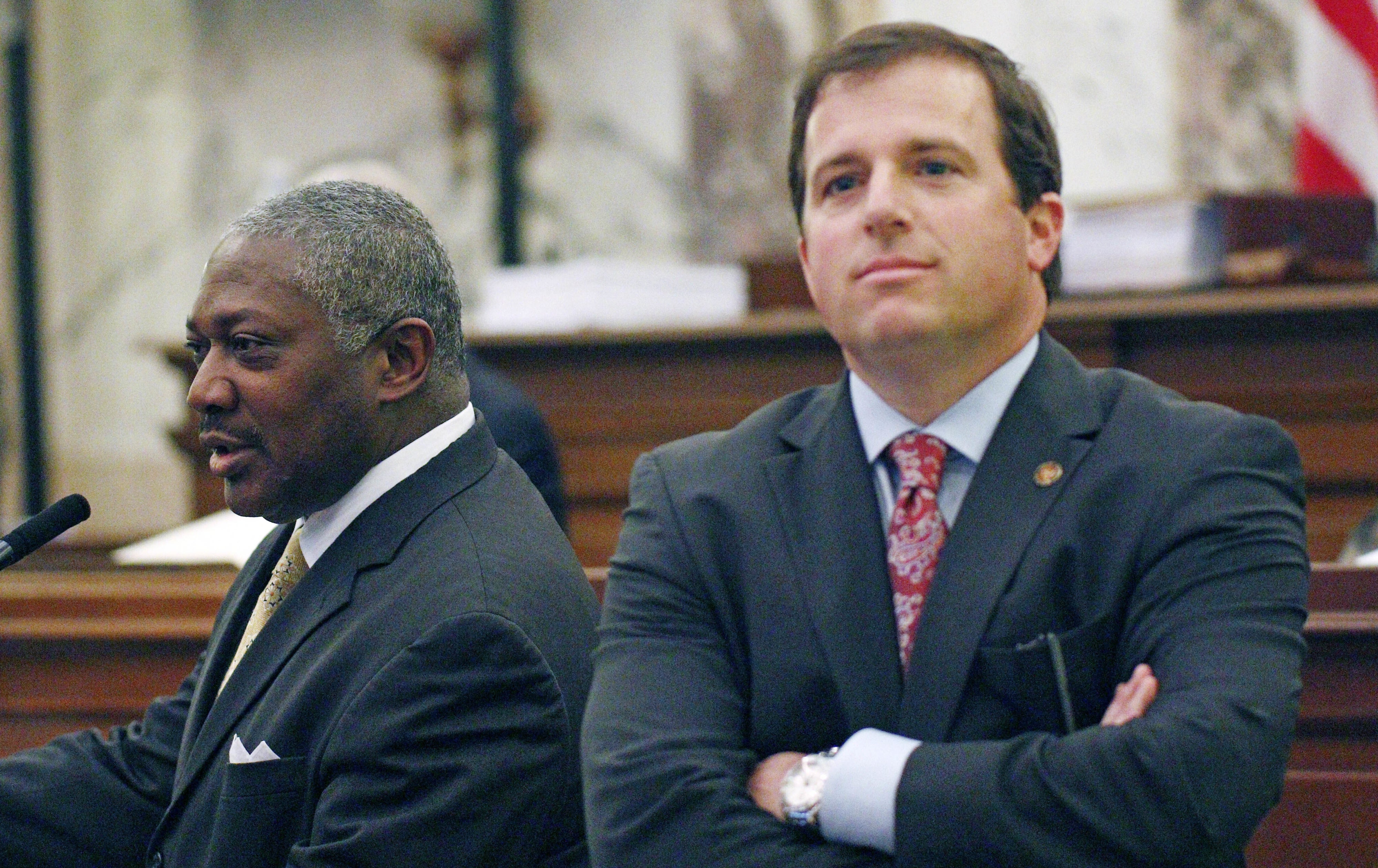 Sen. Josh Harkins, R-Flowood (R), reacts as Sen. John Horhn, D-Jackson (L), purposes amendments that would affect Harkins' proposed legislation that would shift control of the Jackson-Medgar Wiley Evers International Airport to state officials and surrounding counties, March 3, 2016, in Senate chambers at the Capitol in Jackson, Mississippi.