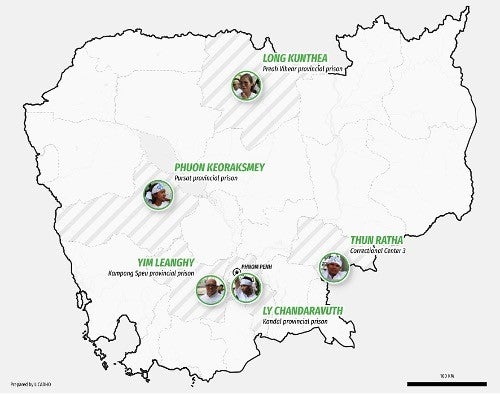 Carte du Cambodge montrant les sites des prisons où sont incarcérés cinq activistes de l’ONG écologiste Mother Nature, suite à leur condamnation le 2 juillet 2024.