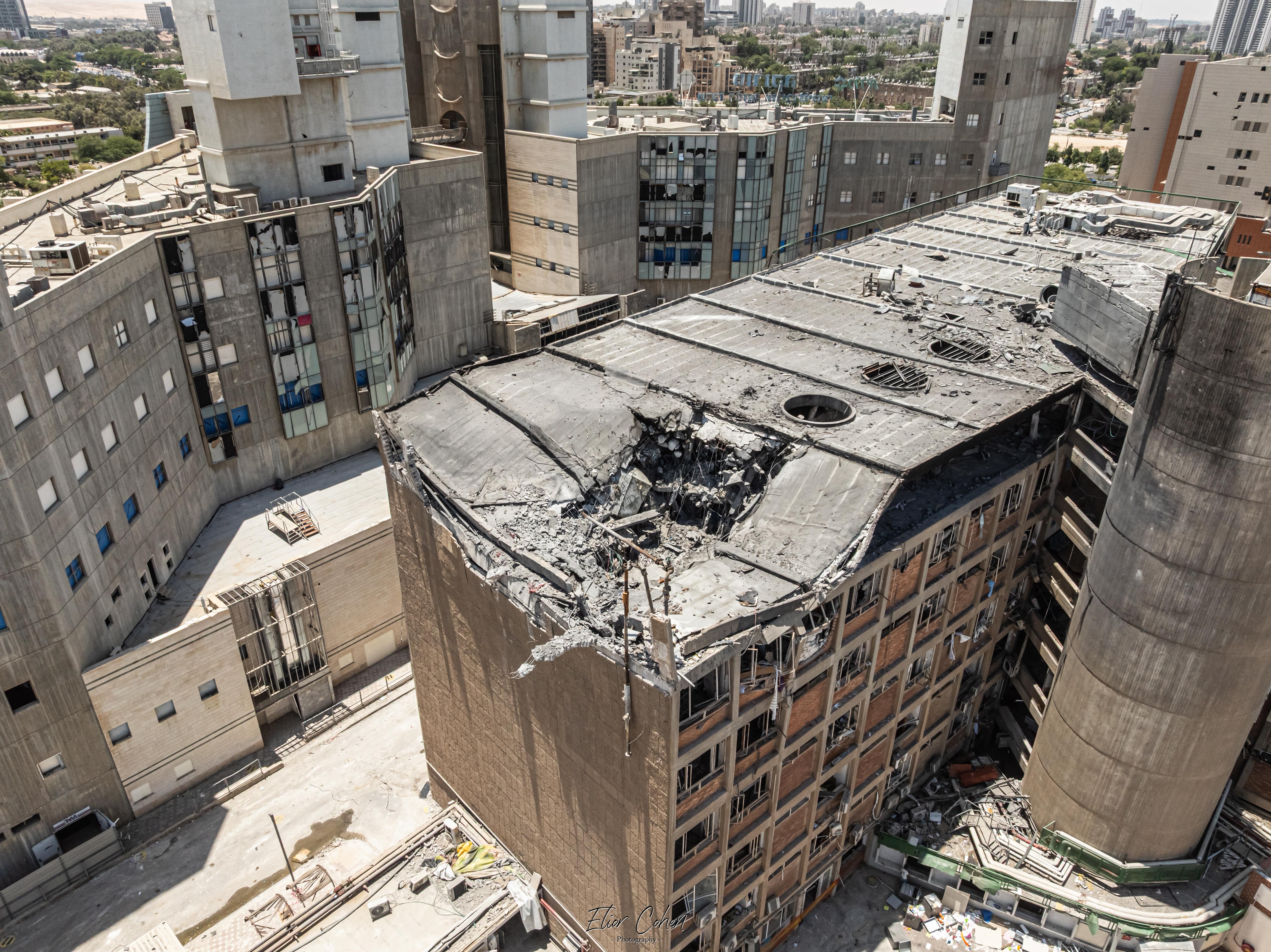 The point of impact of an Iranian missile on the Soroka Medical Center in the southern Israeli city of Be’er Sheva, on June 19, 2025.