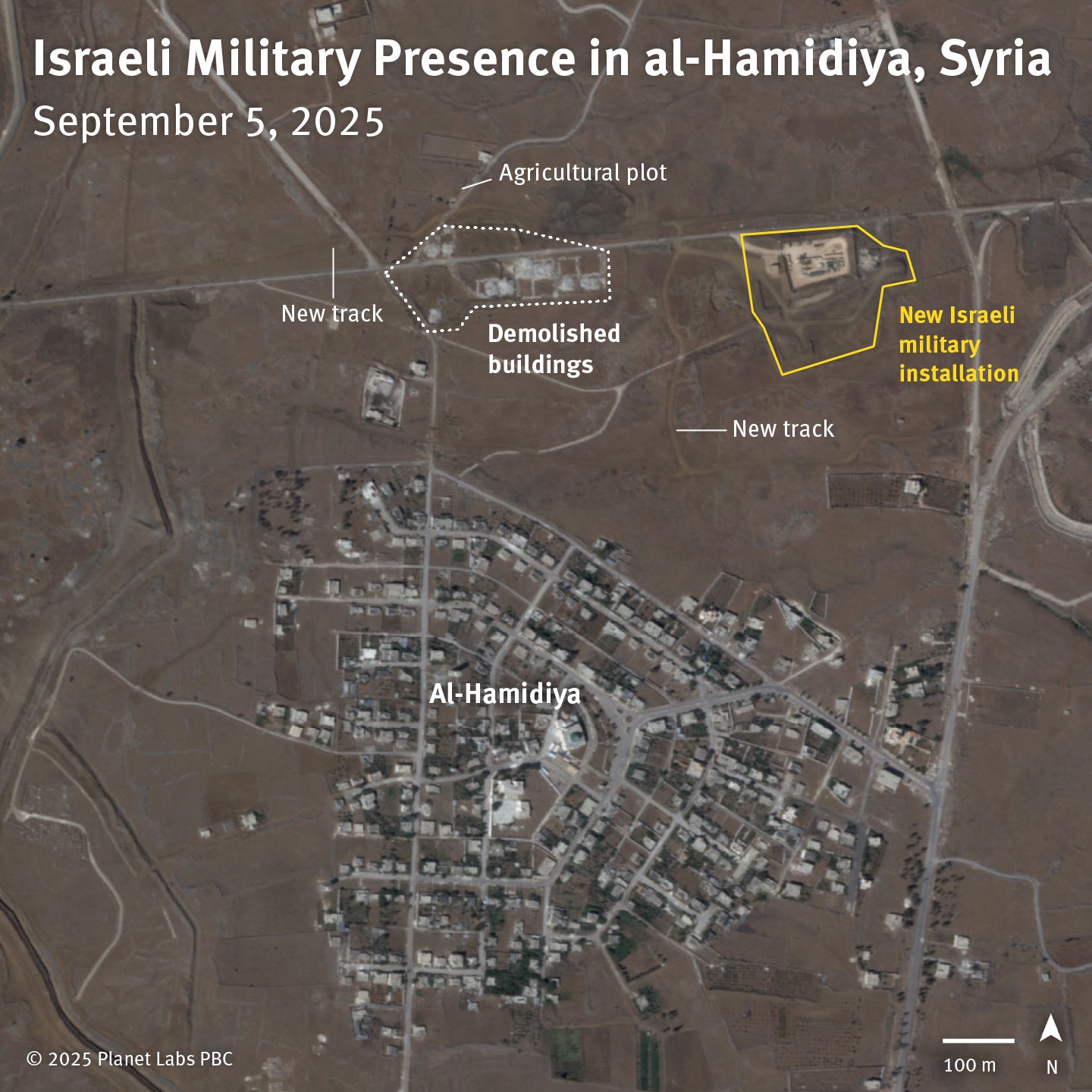 Image satellite du 5 septembre 2025, montrant une douzaine de bâtiments détruits près d'Al-Hamidiya (sud de la Syrie), suite aux démolitions menées le 16 juin 2025 par l'armée israélienne, qui y a construit une nouvelle installation militaire.