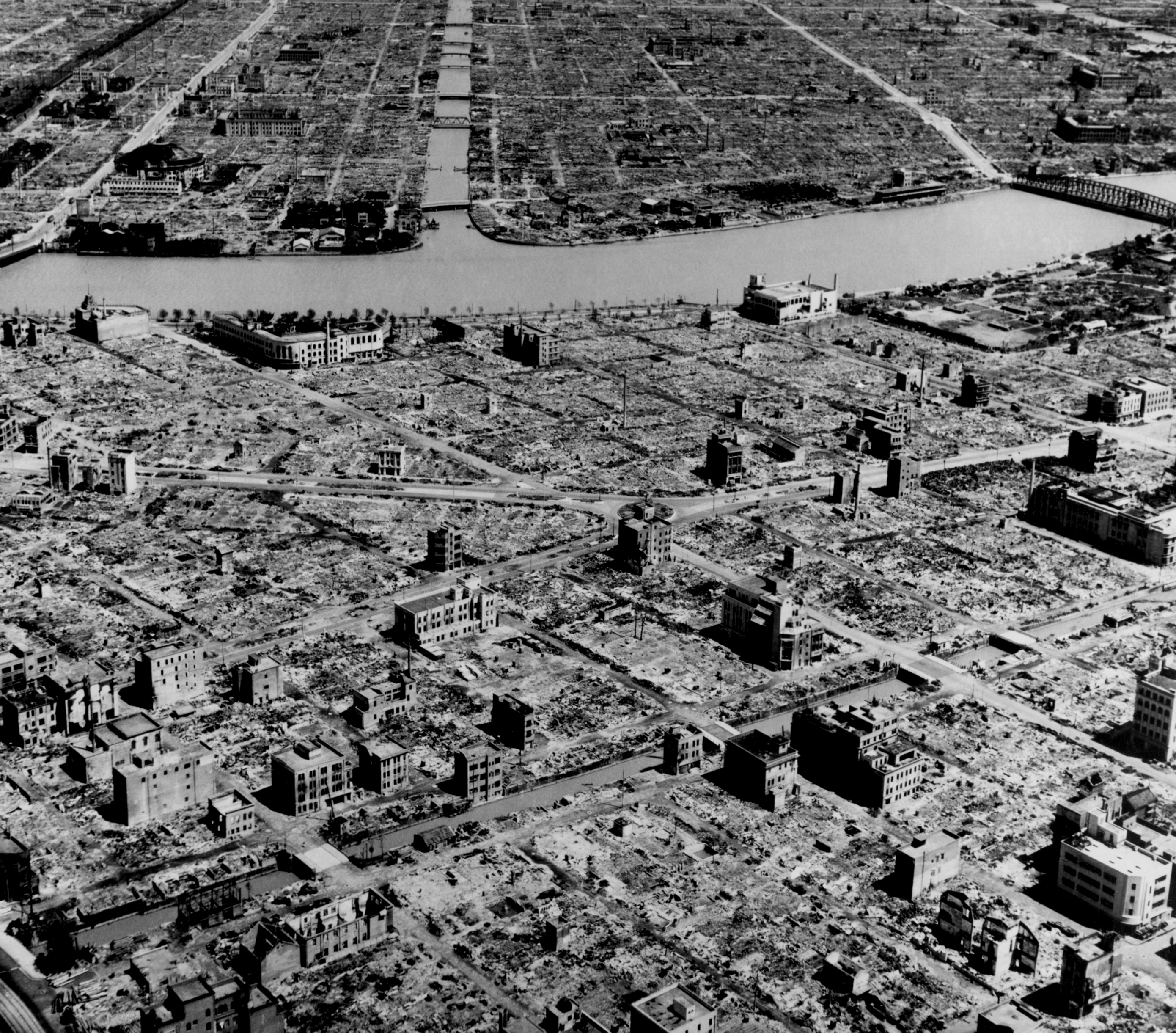 Burned buildings and scorched land 