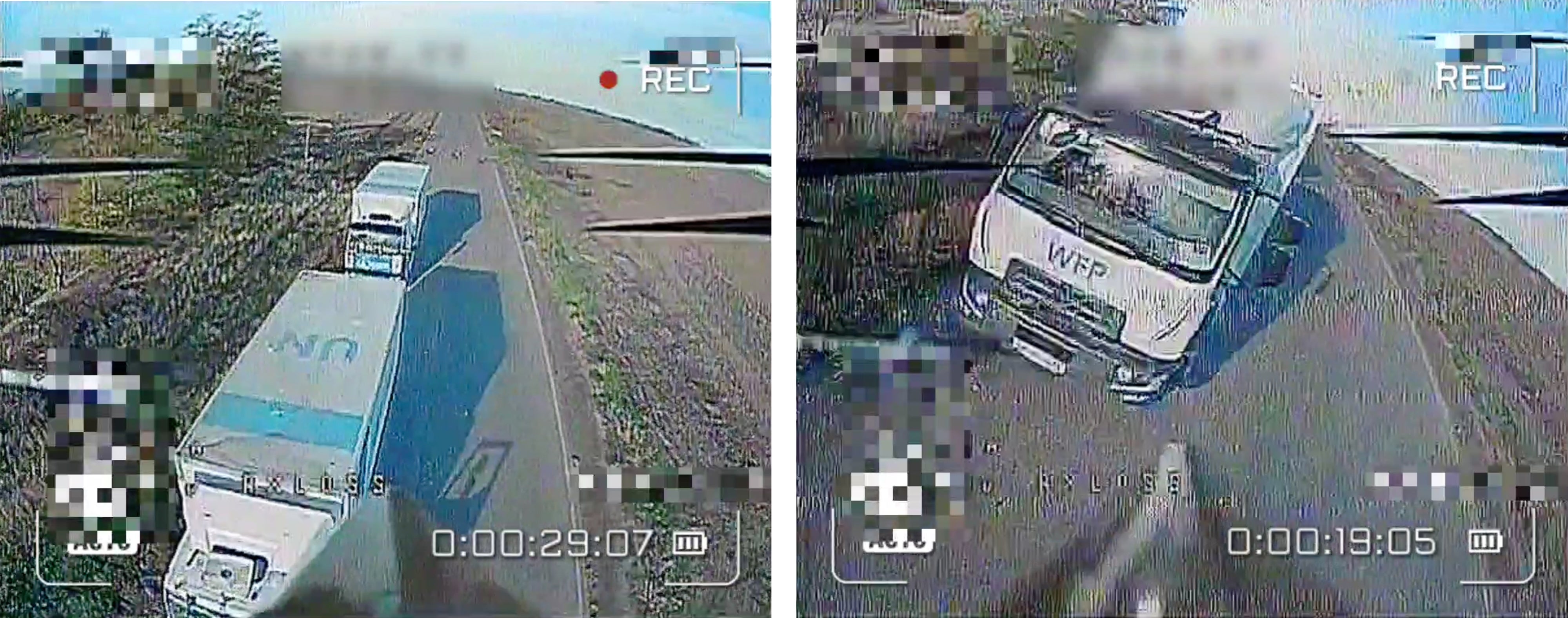 Two screengrabs of the live video feed showing Russian quadcopter drone's moments before impacting clearly marked UN vehicles, October 15, 2025.