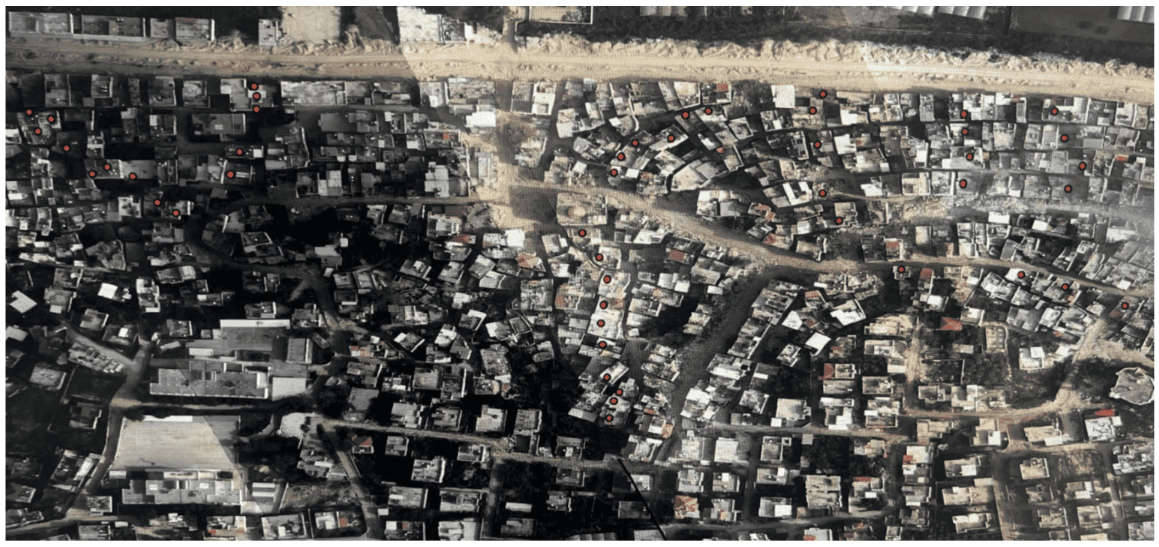 Aerial image accompanying the May 1, 2025 demolition order marking in red 47 buildings slated for demolition by the Israeli military in the Nur Shams refugee camp in the northern West Bank