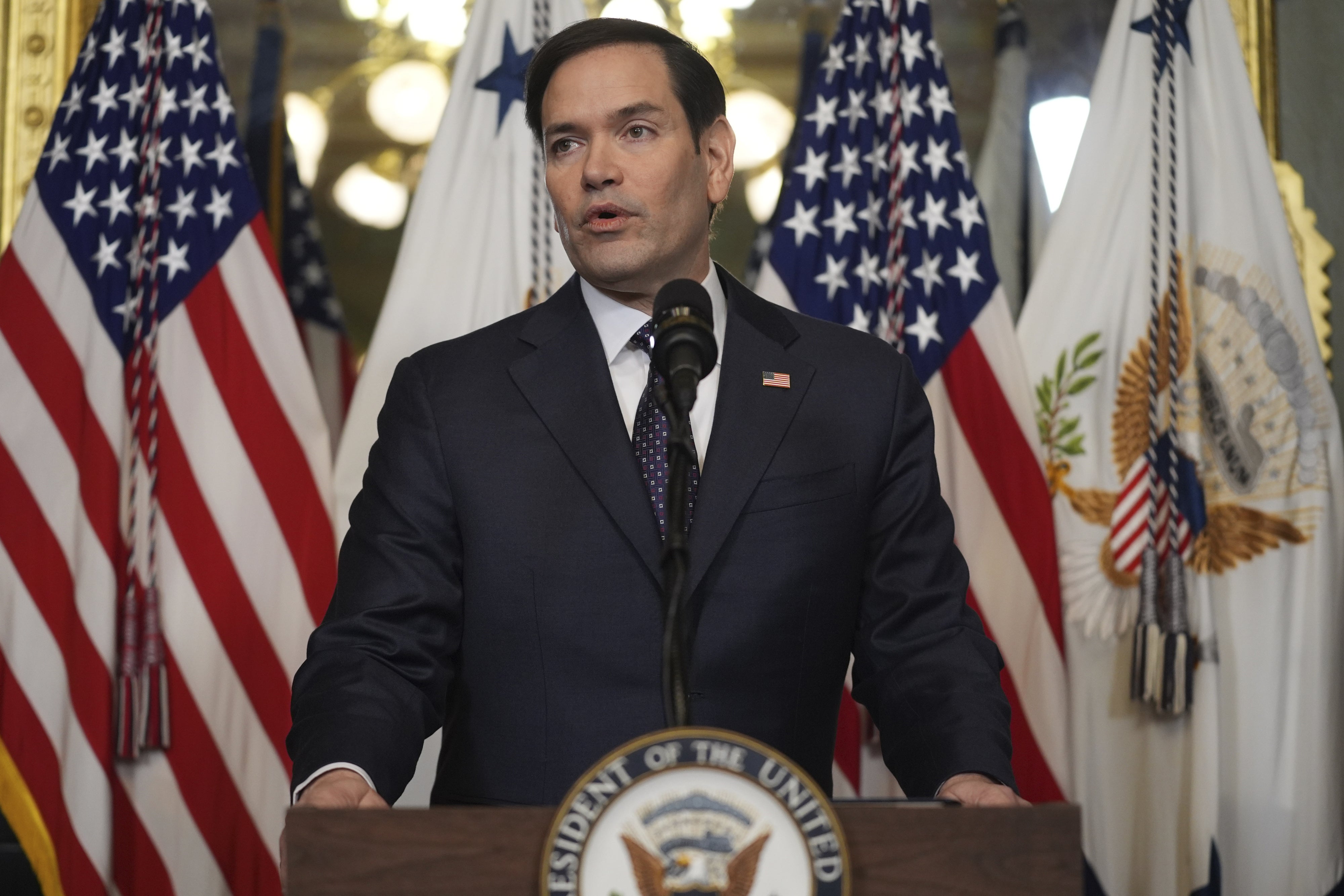 US Secretary of State Marco Rubio speaks in the Eisenhower Executive Office Building in Washington DC, January 21, 2025. 