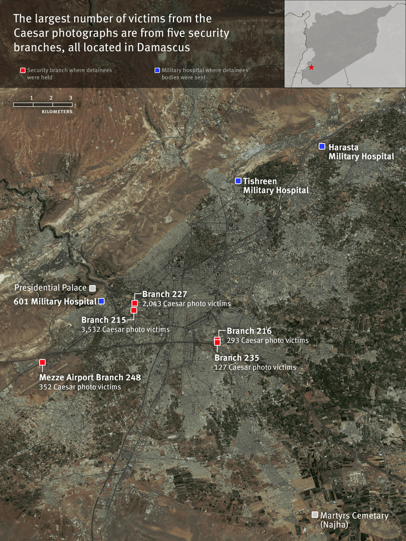 A map highlighting the 5 detention facilities where the largest number of the Caesar photos were taken.
