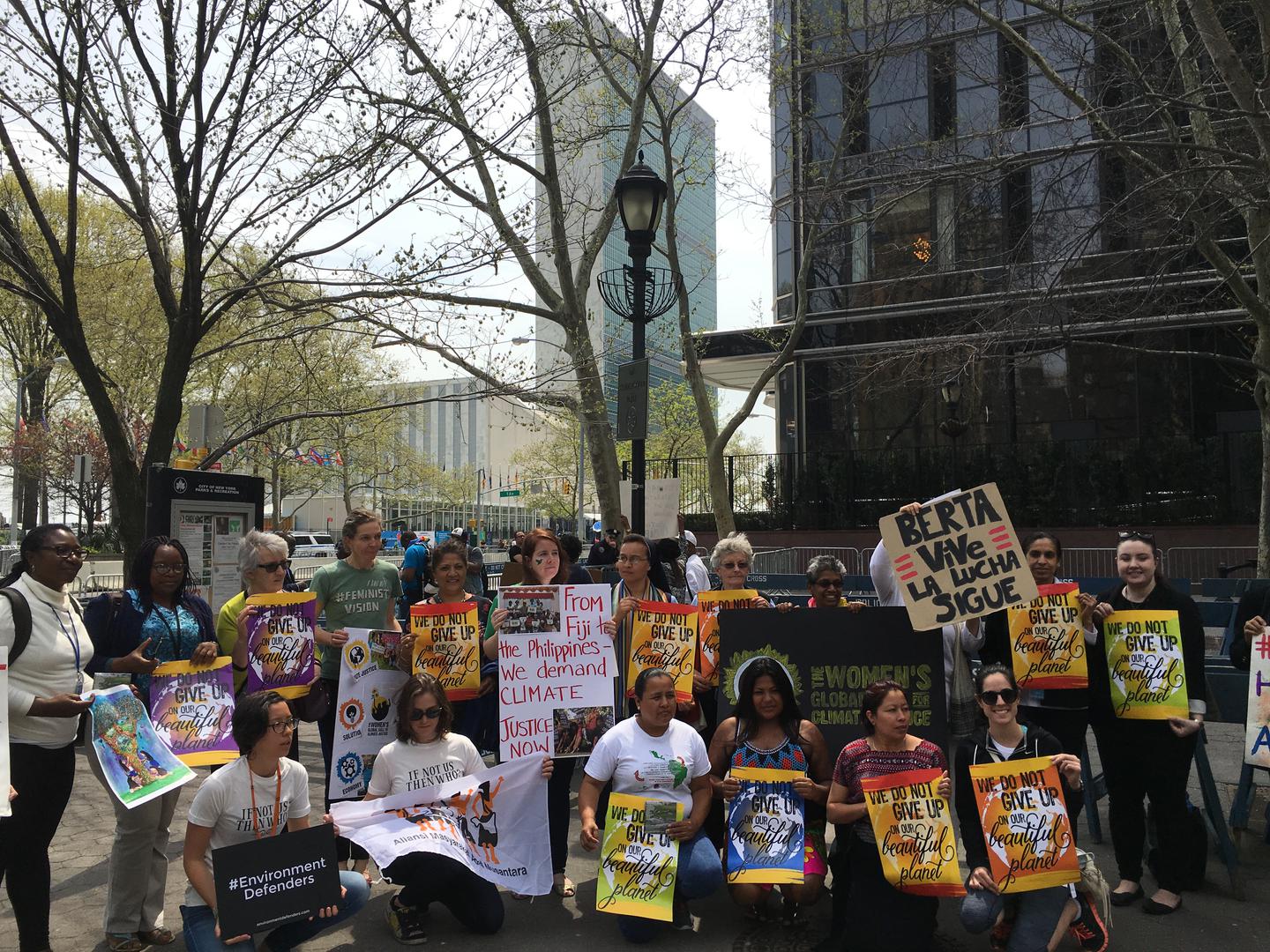 Women climate change activists demand respect for rights at Paris Agreement signing ceremony outside the United Nations in New York, April 2016.