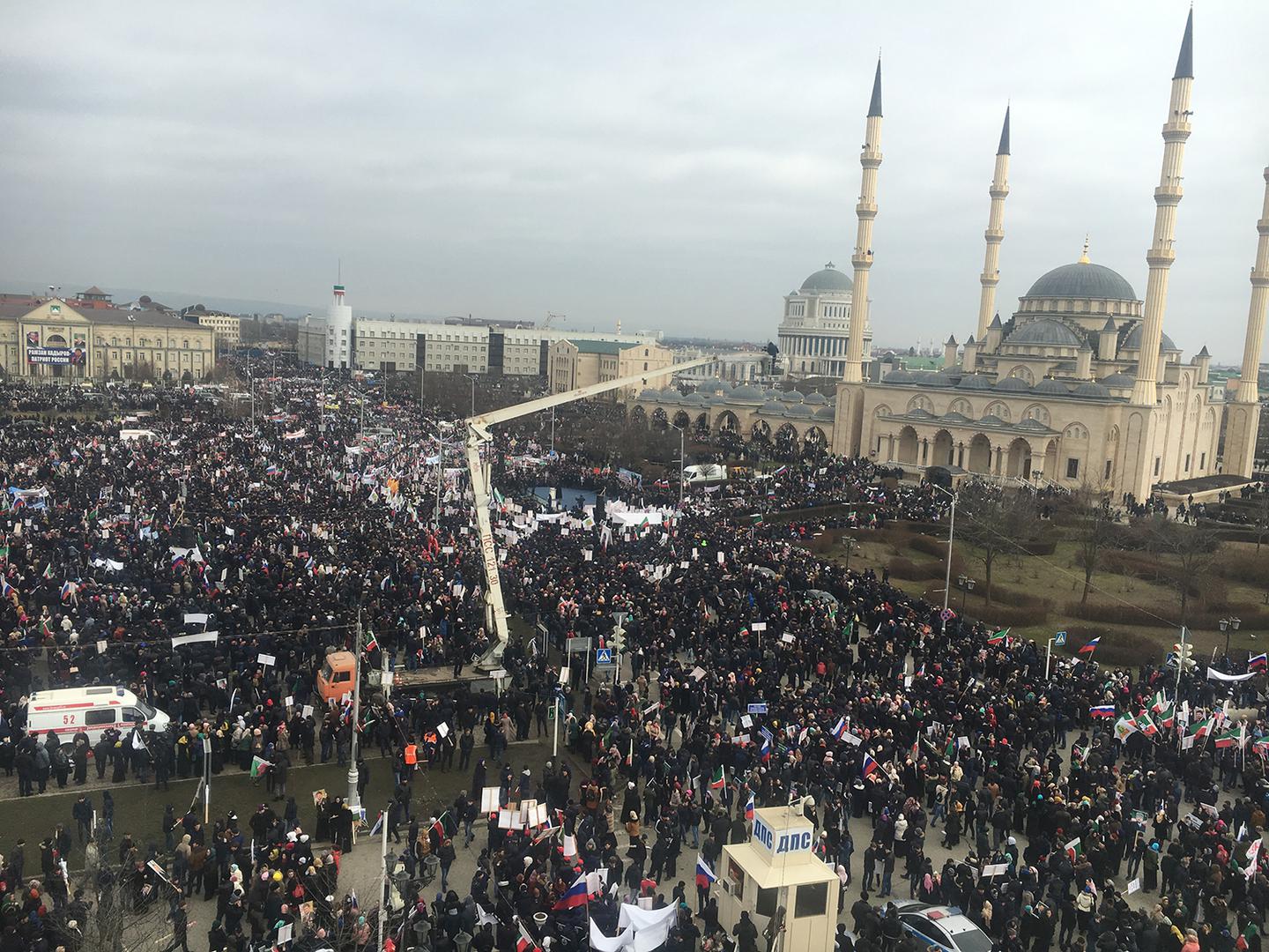 Mass pro-Kadyrov rally organized by Chechen authorities in Grozny in January 2016. 