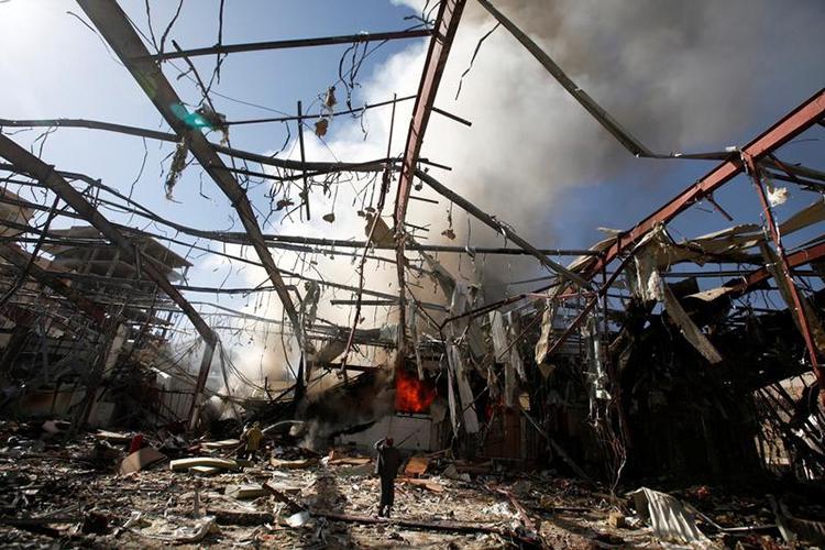 The remains of a community hall in Sanaa, the capital of Yemen, after Saudi-led coalition warplanes attacked a funeral ceremony there on October 8, 2016. 