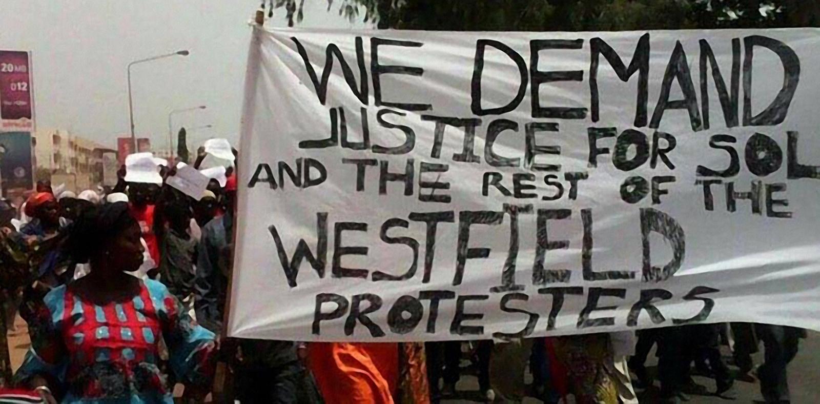Members of the opposition United Democratic Party (UDP) march in Banjul on April 16, 2016 to protest the death in custody of activist Solo Sandeng. 
