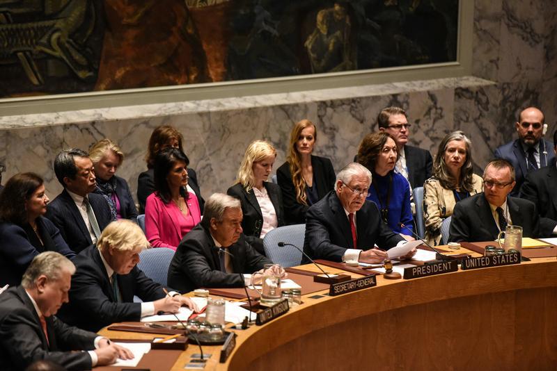 U.S. Secretary of State Rex Tillerson speaks at a Security Council meeting on the situation in North Korea at the United Nations, in New York City, U.S., April 28, 2017.