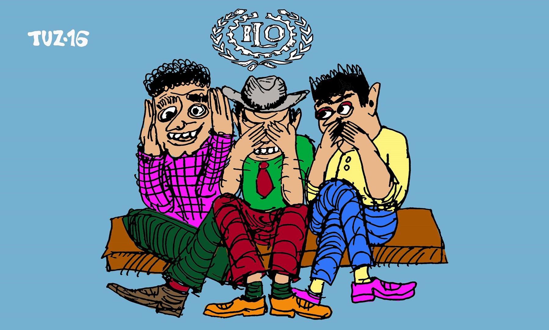 The International Labour Organization as seen by an Uzbek cartoonist: “We don’t want to believe in forced labour in Uzbekistan.” 