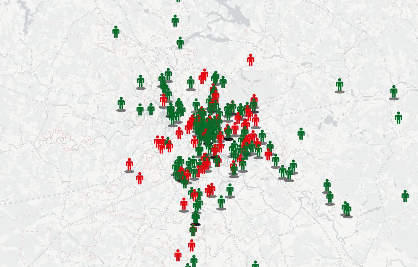 Hate attacks in 2010-2016 marked on Russia’s map – red stands for killing; green stands for bodily harm.