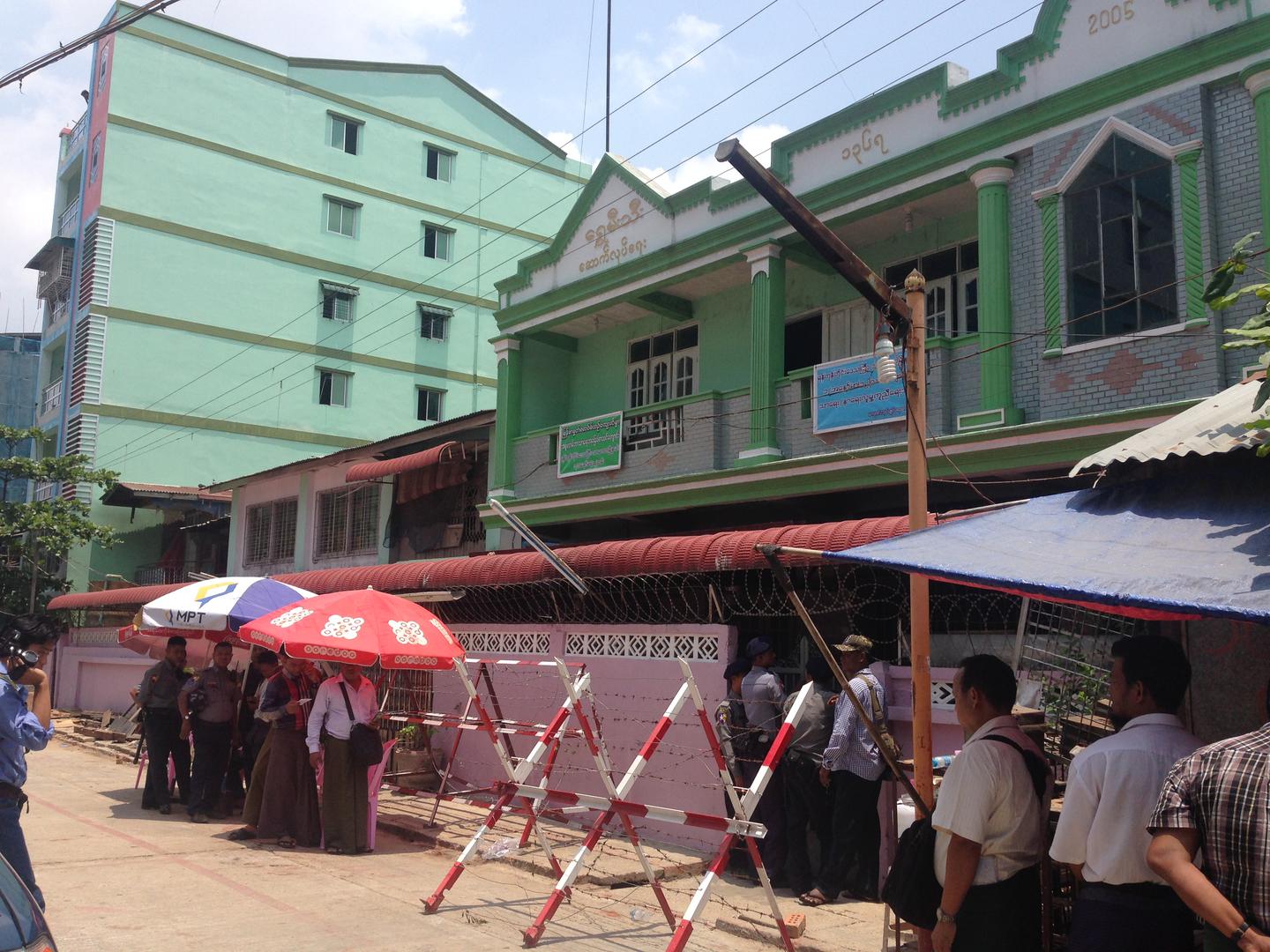 Barricades placed outside one of the madrasas in Thaketa Township, Rangoon, following its closure by authorities, April 29, 2017.