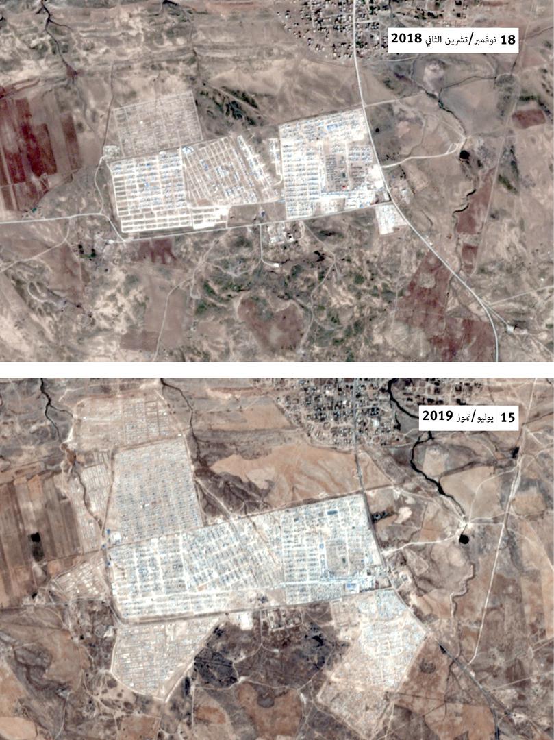 توسّع مخيم الهول في شمال شرق سوريا بسرعة مع وصول أكثر من 63 ألف امرأة وطفل نزحوا بسبب الهجوم على تنظيم "الدولة الإسلامية (داعش) في الباغوز بين ديسمبر/كانون الأول 2018 وأبريل/نيسان 2019. يظهر الملحق في الجزء الأسفل إلى اليمين، وهو يضم اليوم أكثر من 11 ألف 